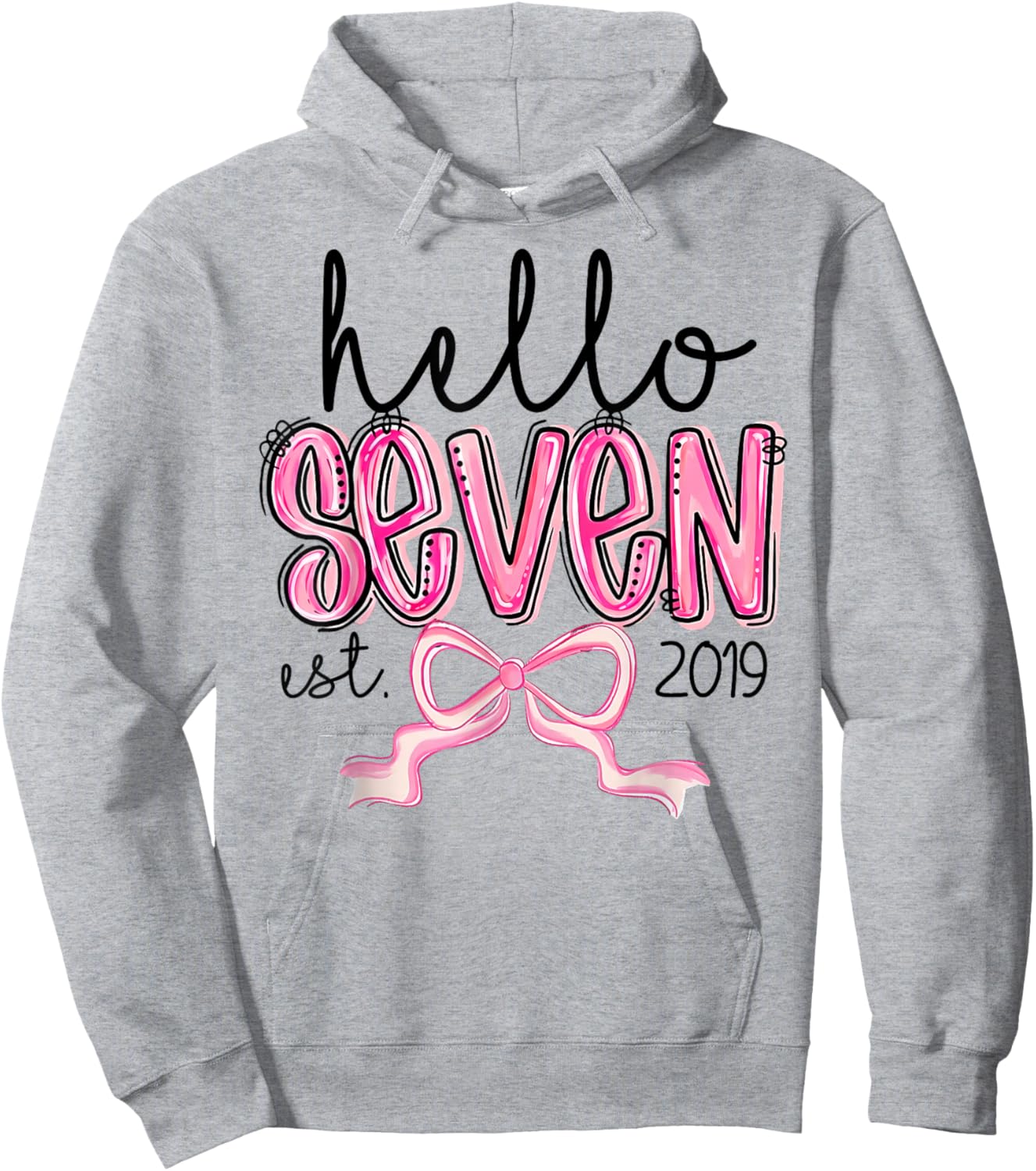 Hello Seven Est. 2019 Pink Coquette Bow 7th Birthday Girl Hoodie - Hoodie | Ash