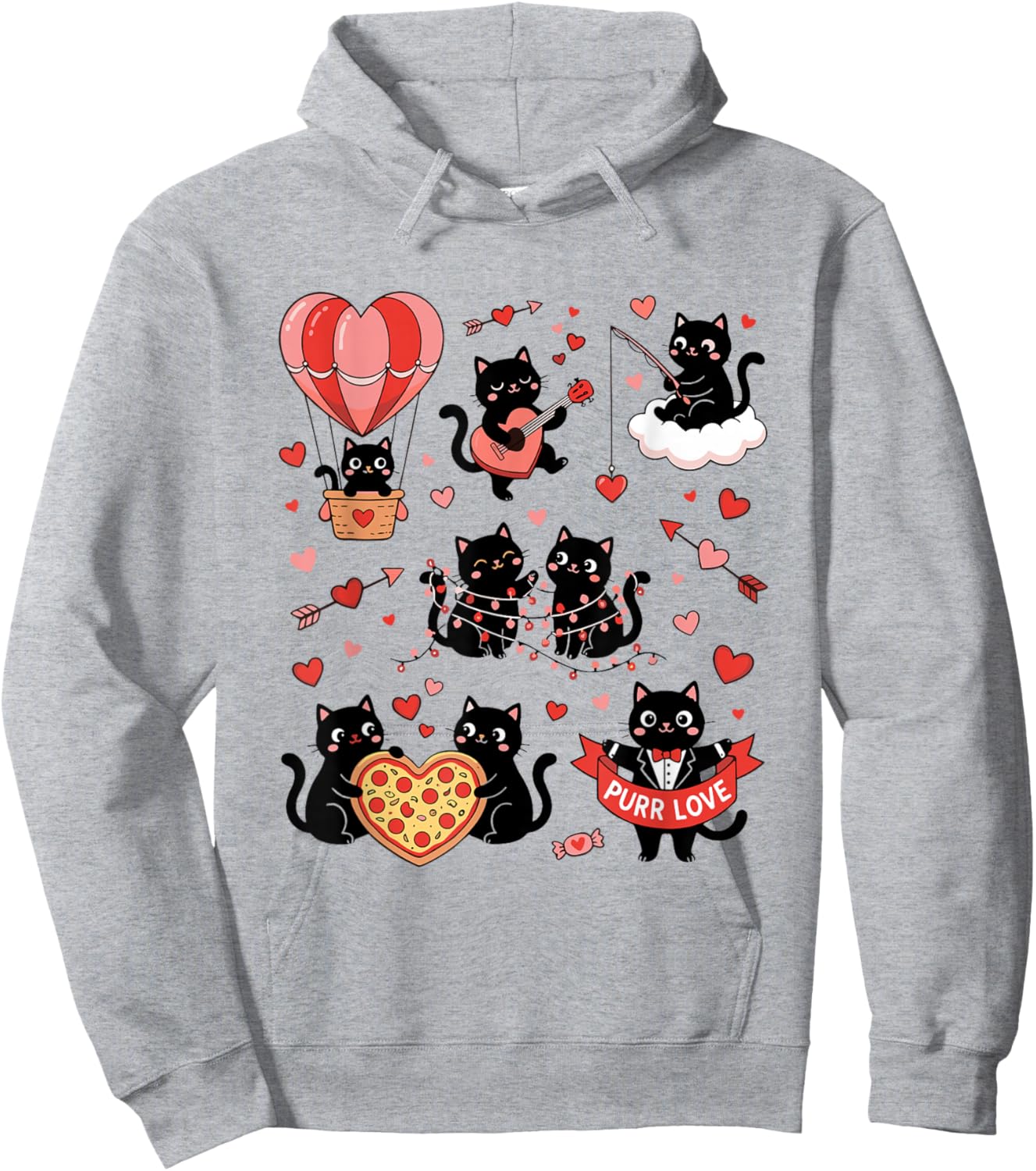 Retro Black Cat Heart Valentines Day Cute Kitten Lover Hoodie - Hoodie | Ash