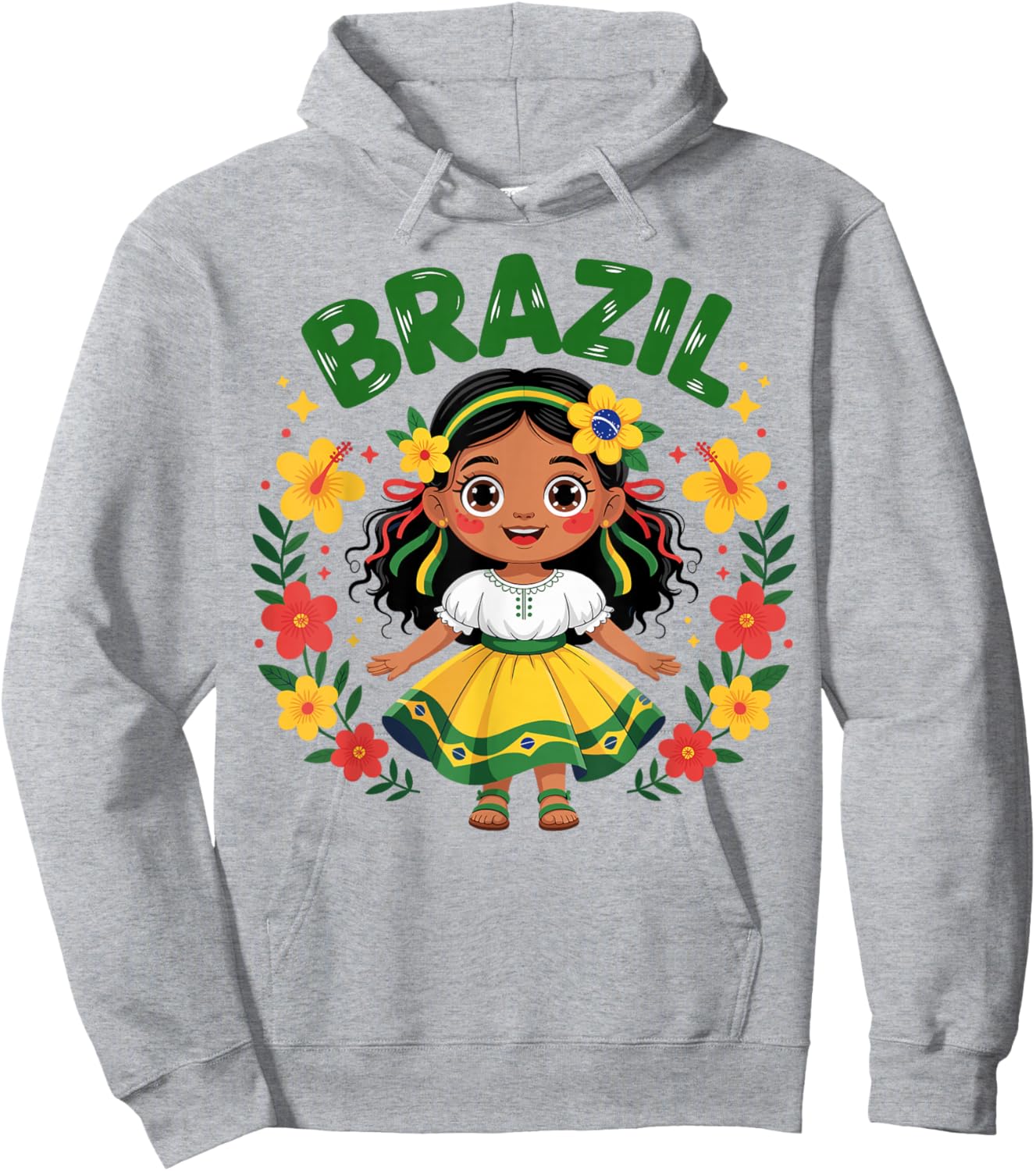 Cute Brazil Girl Traditional Dress Flag Colors Art for Kids Hoodie - Hoodie | Ash