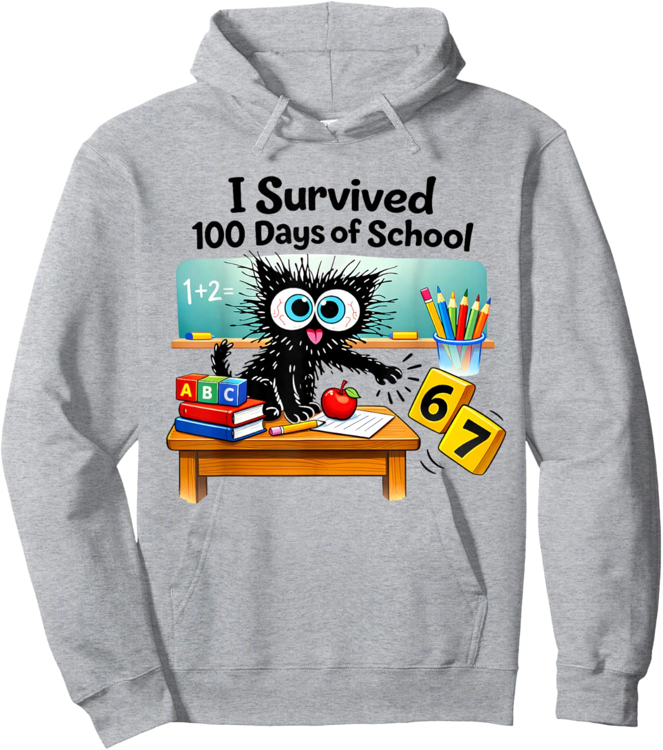 I Survived 100 Days of School Funny Cat 6 7 Six Seven Meme Hoodie - Hoodie | Ash