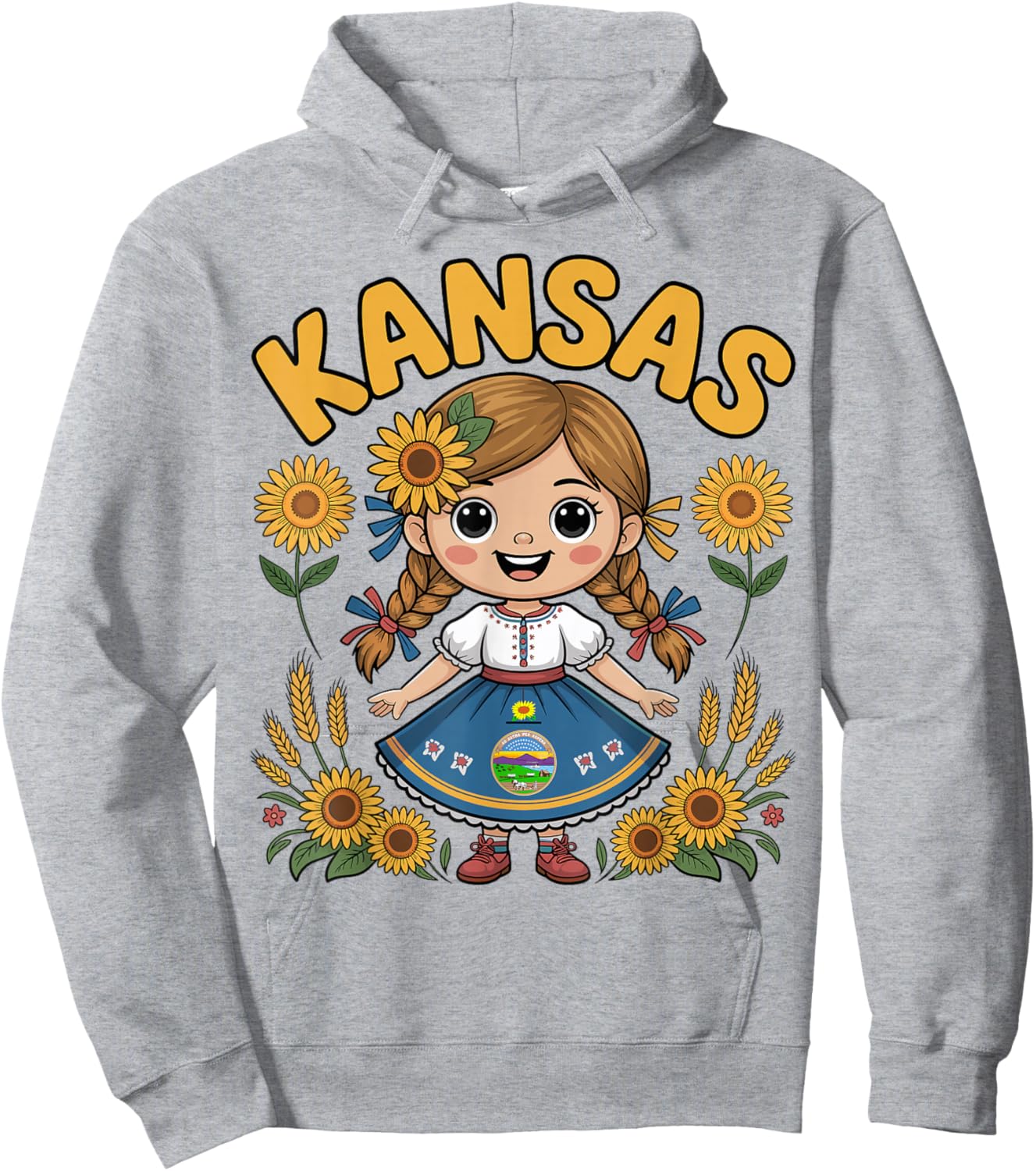 Cute Kansas Girl with Sunflowers and Flag Dress for Kids Hoodie - Hoodie | Ash