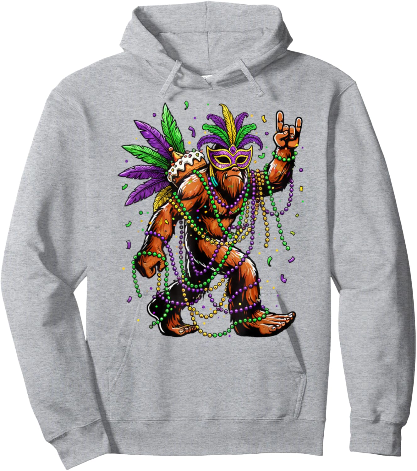 Mardi Gras Bigfoot Beads Necklace King Cake Mask Feathers Hoodie - Hoodie | Ash