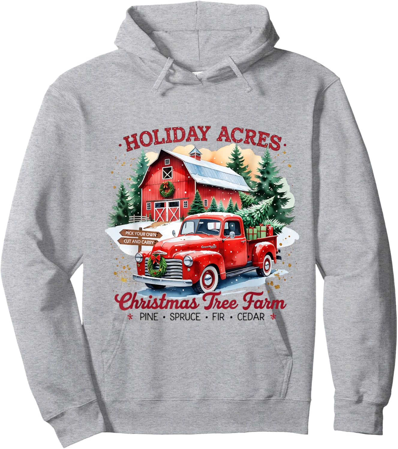 Vintage Red Truck Holiday Acres Christmas Tree Farm Hoodie - Hoodie | Ash