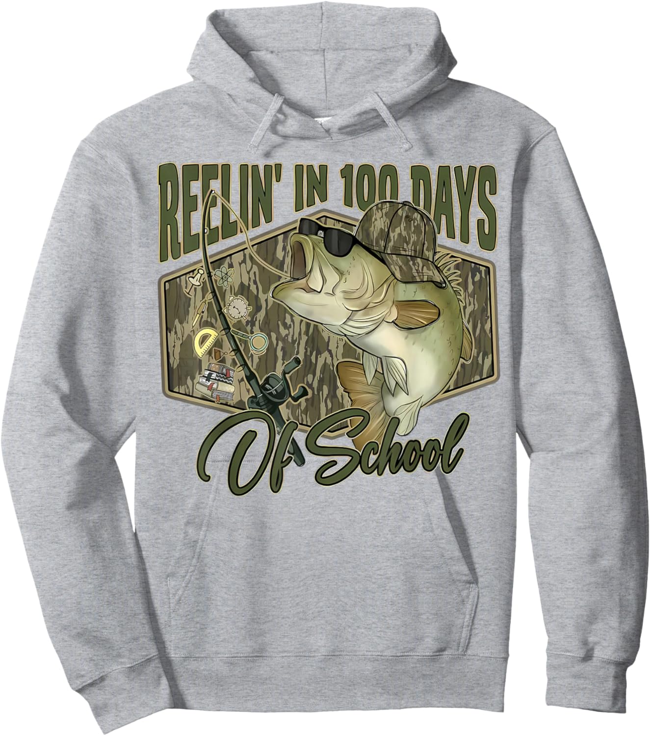 Retro Reelin’ in 100 Days of School Camo Bass Fishing Boys Hoodie - Hoodie | Ash