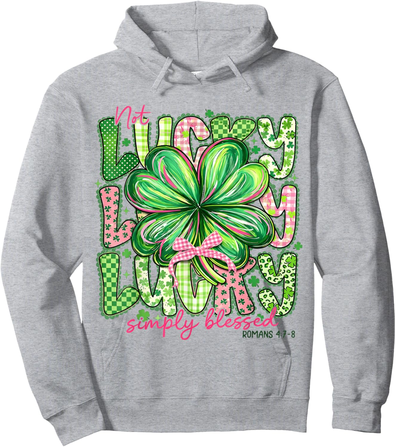 Not Lucky Simply Blessed Patrick's Day Shamrock Coquette Bow Hoodie - Hoodie | Ash