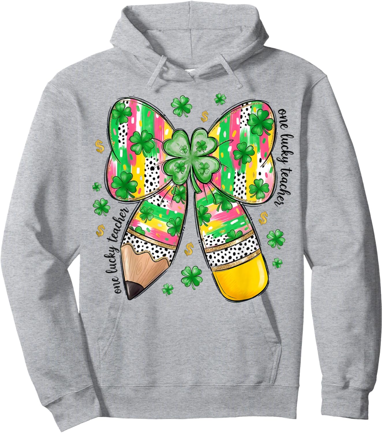 One Lucky Teacher St Patrick's Day Coquette Pencil Shamrock Hoodie - Hoodie | Ash