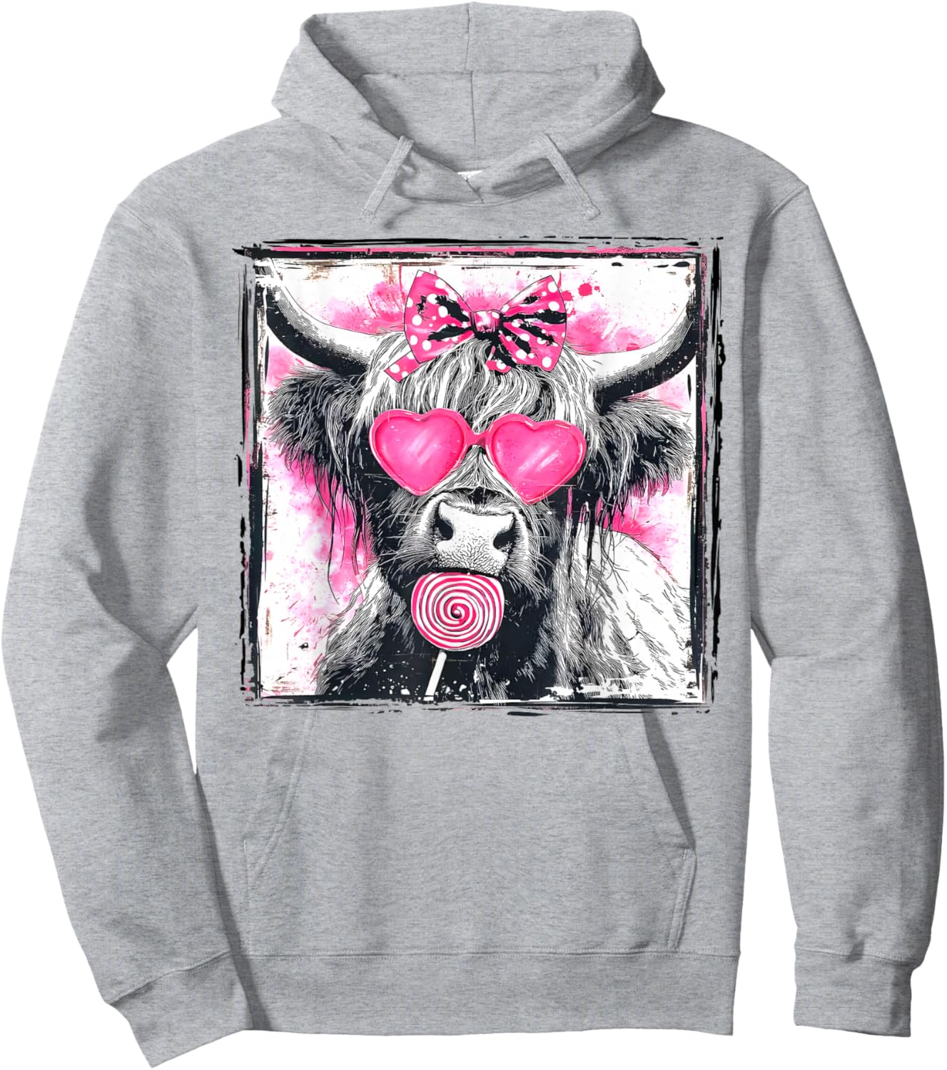 Vintage Cute Lollipop Highland Cow Bow Valentine Pink Heart Hoodie - Hoodie | Ash