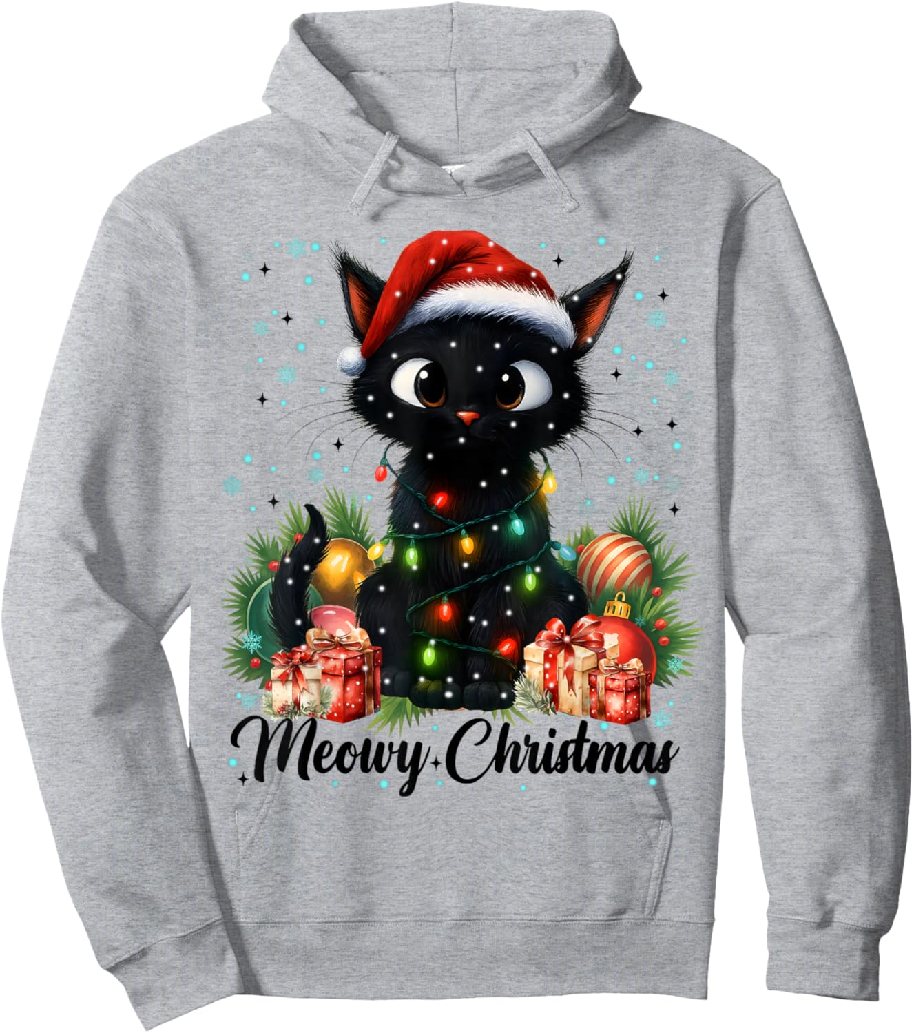 Moewy Christmas Black Cute Cat Santa Hat Xmas Women Girl Hoodie - Hoodie | Ash