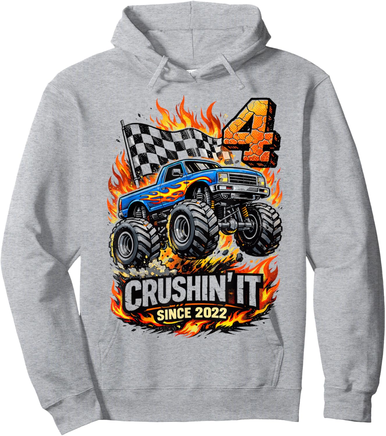 Birthday Monster Truck 4 Year Old Boys 4th Party Born 2022 Hoodie - Hoodie | Ash