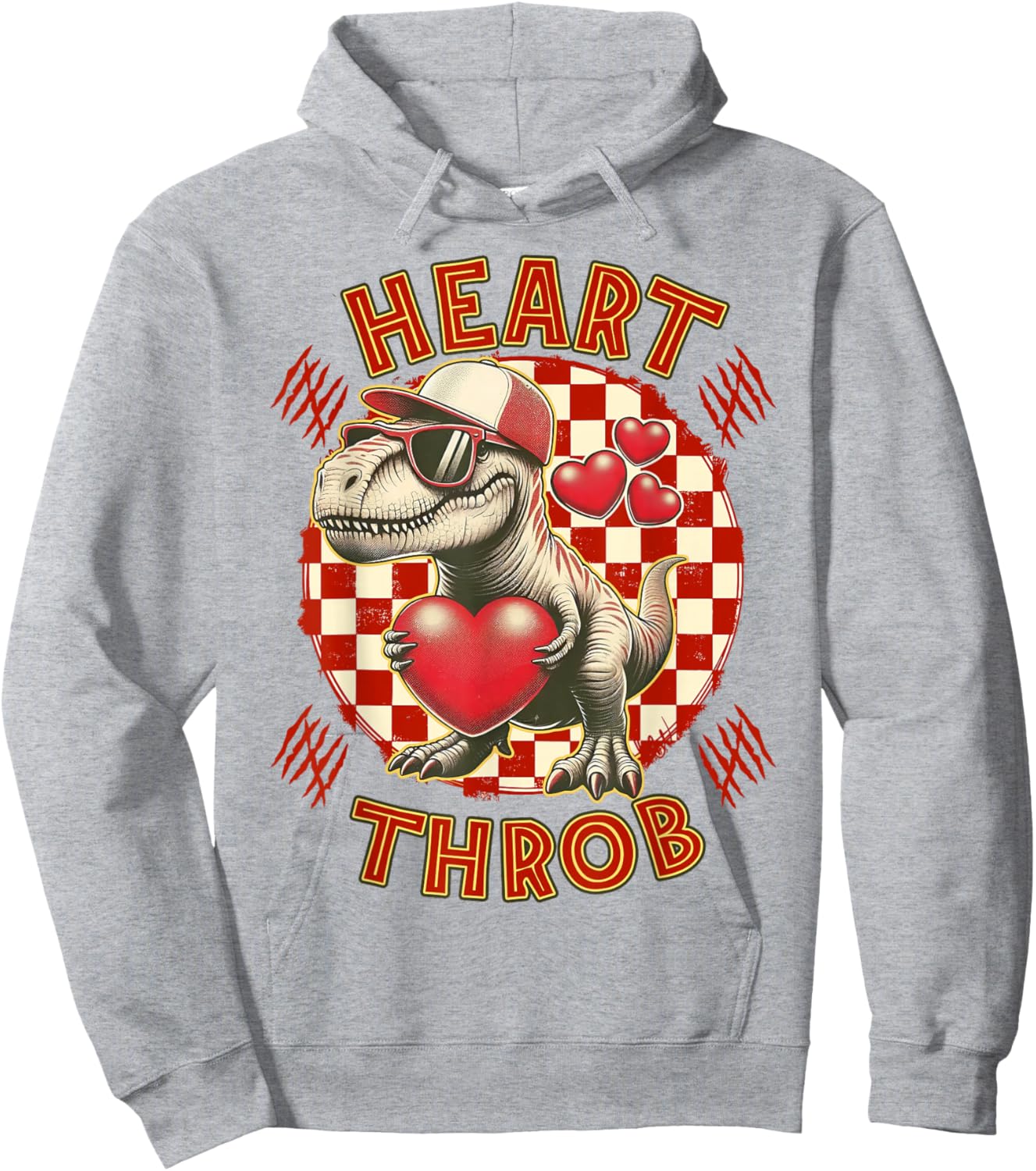 Heart Dinosaur Throb Valentines Day T Rex Checkered Print Hoodie - Hoodie | Ash
