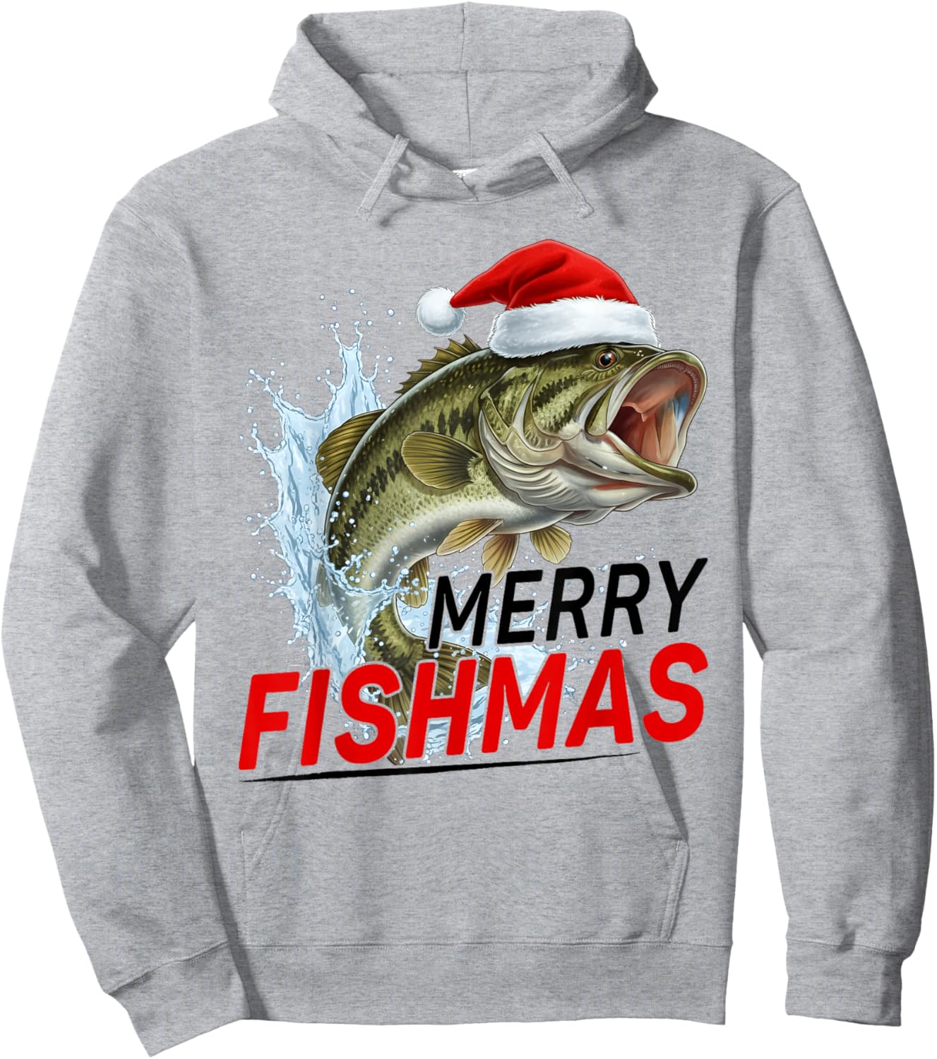 Merry Fishmas Funny Christmas Bass Fisherman Santa Hat Hoodie - Hoodie | Ash