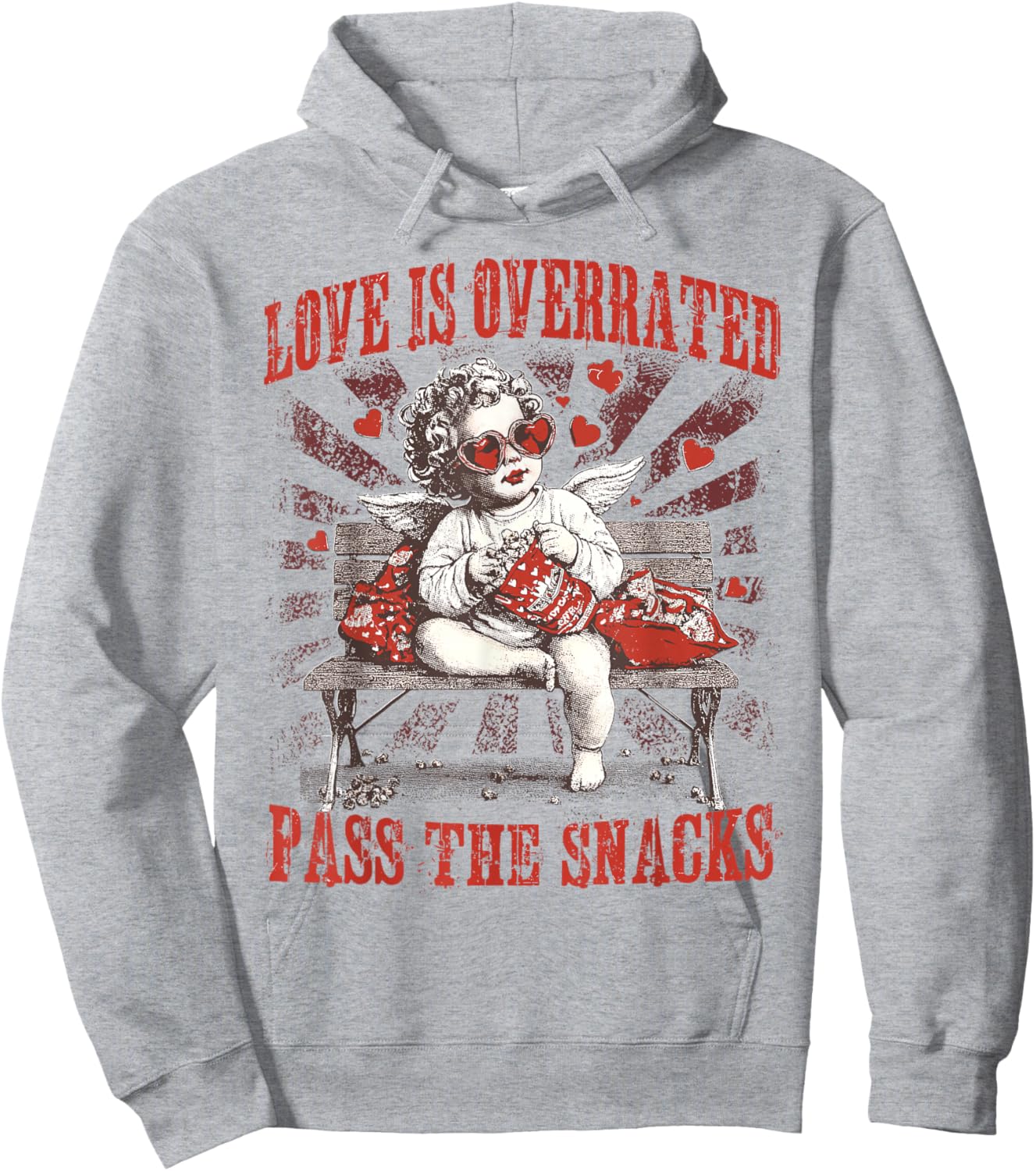 Funny Cupid Love is Overrated Pass The Snacks Anti Valentine Hoodie - Hoodie | Ash