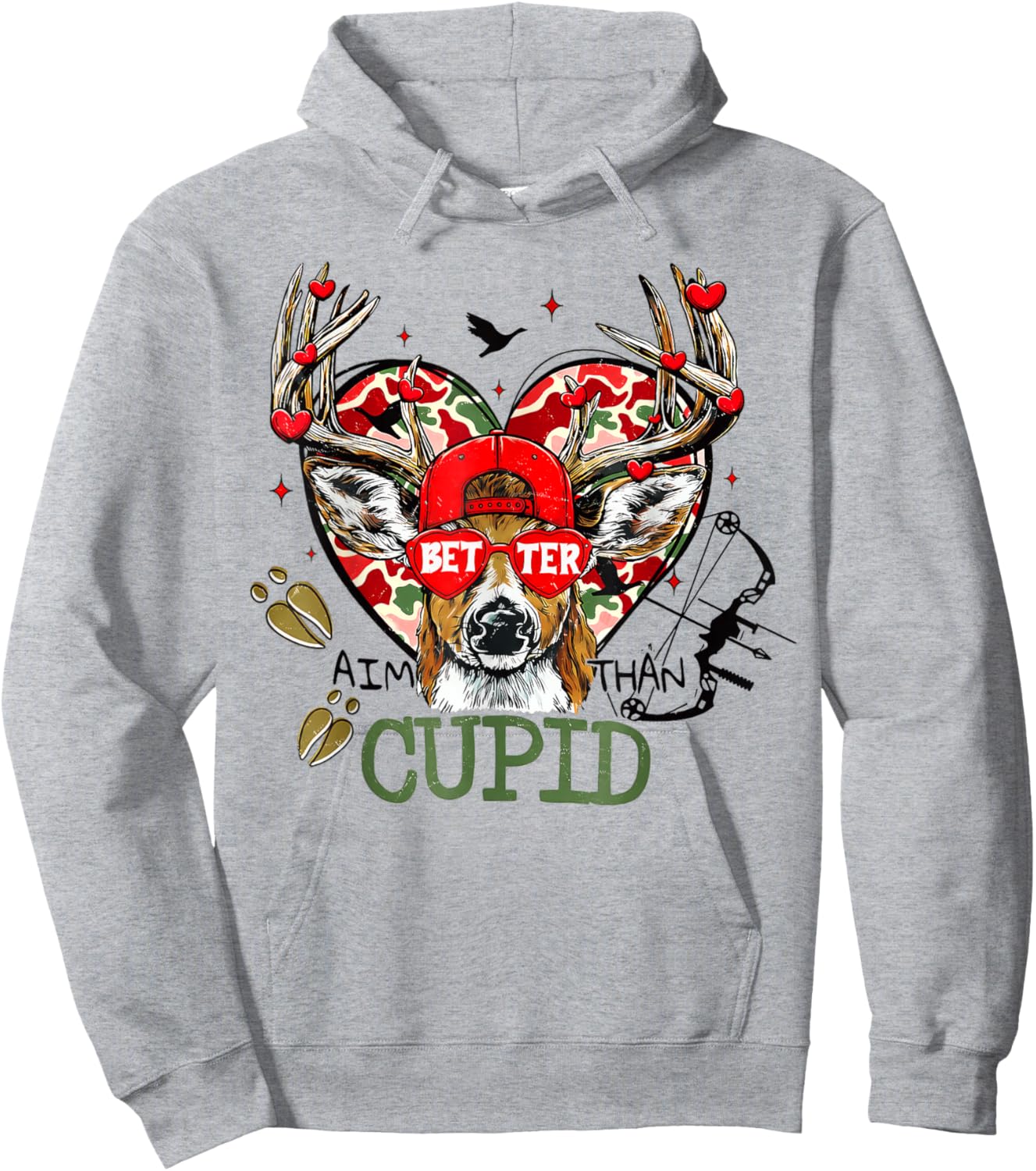 Better Aim Than Cupid Deer, Valentine Camo Hoodie - Hoodie | Ash