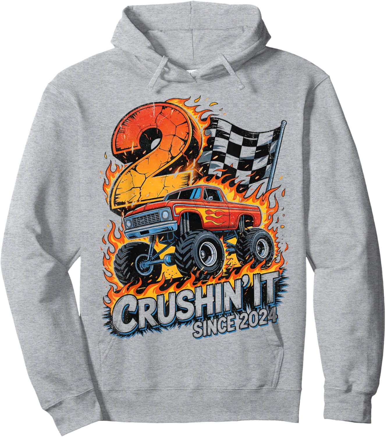 Birthday Monster Truck 2 Year Old Boys 2nd Party Born 2024 Hoodie - Hoodie | Ash