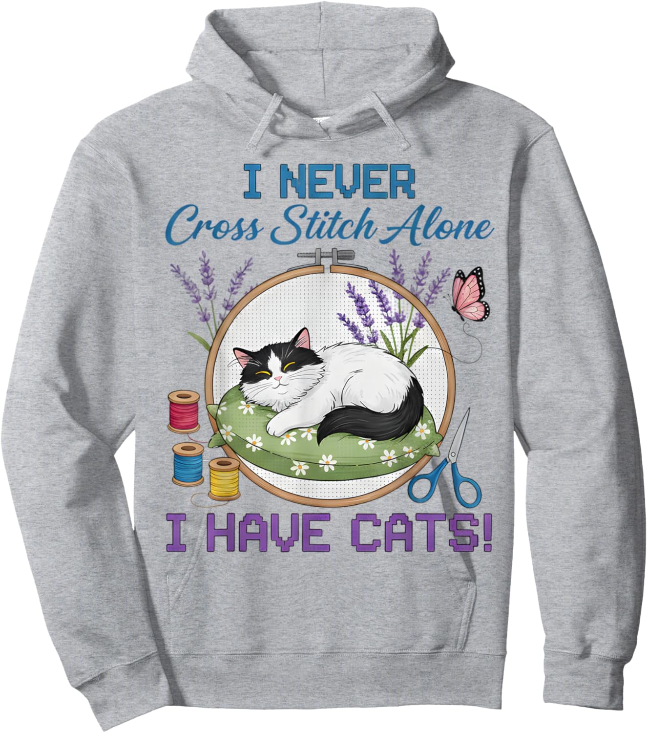 Never Cross Stitch Alone Cat Stitcher Quilt Cross Stitch Hoodie - Hoodie | Ash