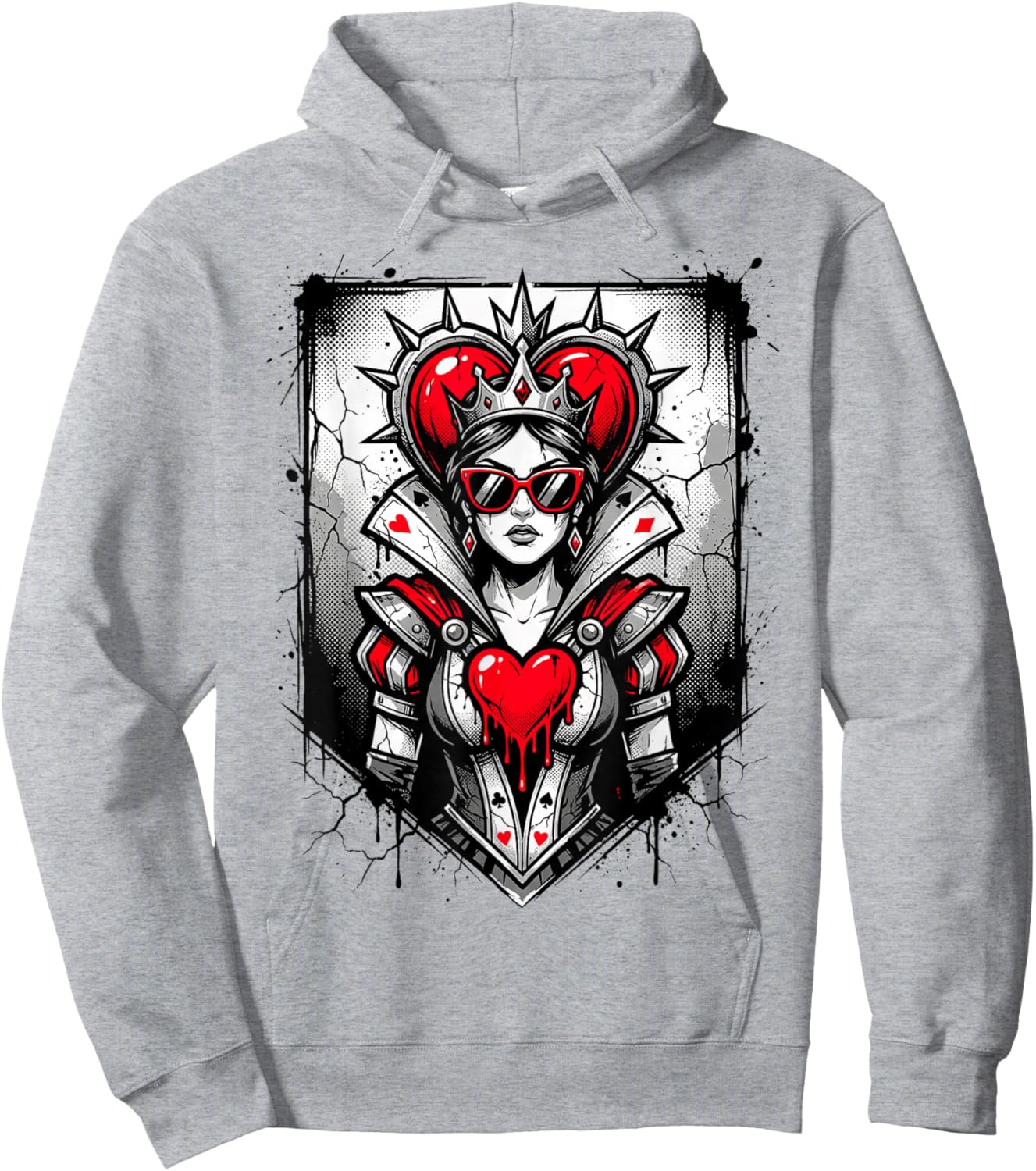 Red Queen of Hearts Rebel Crown Sunglasses Poker Card Women Hoodie - Hoodie | Ash