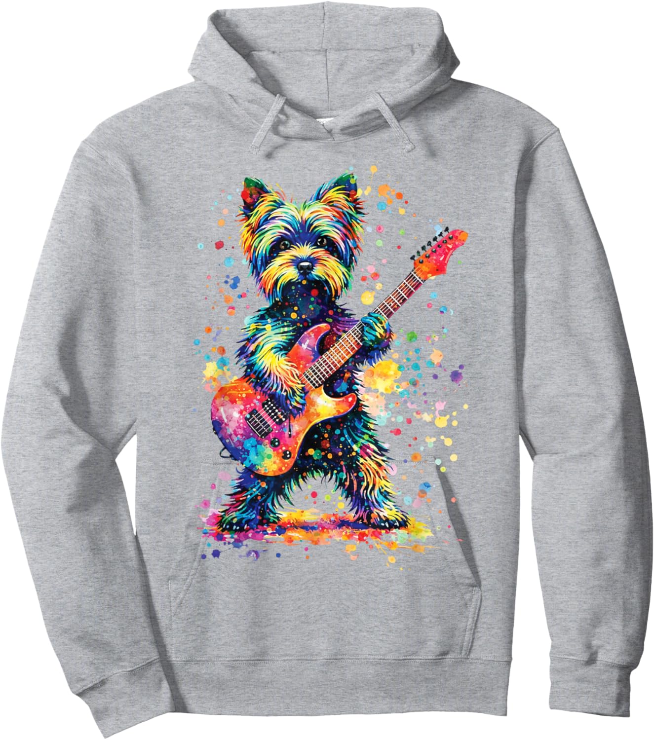 Colorful Yorkie Rock Funny Dog Playing Guitar Rock Style Hoodie - Hoodie | Ash
