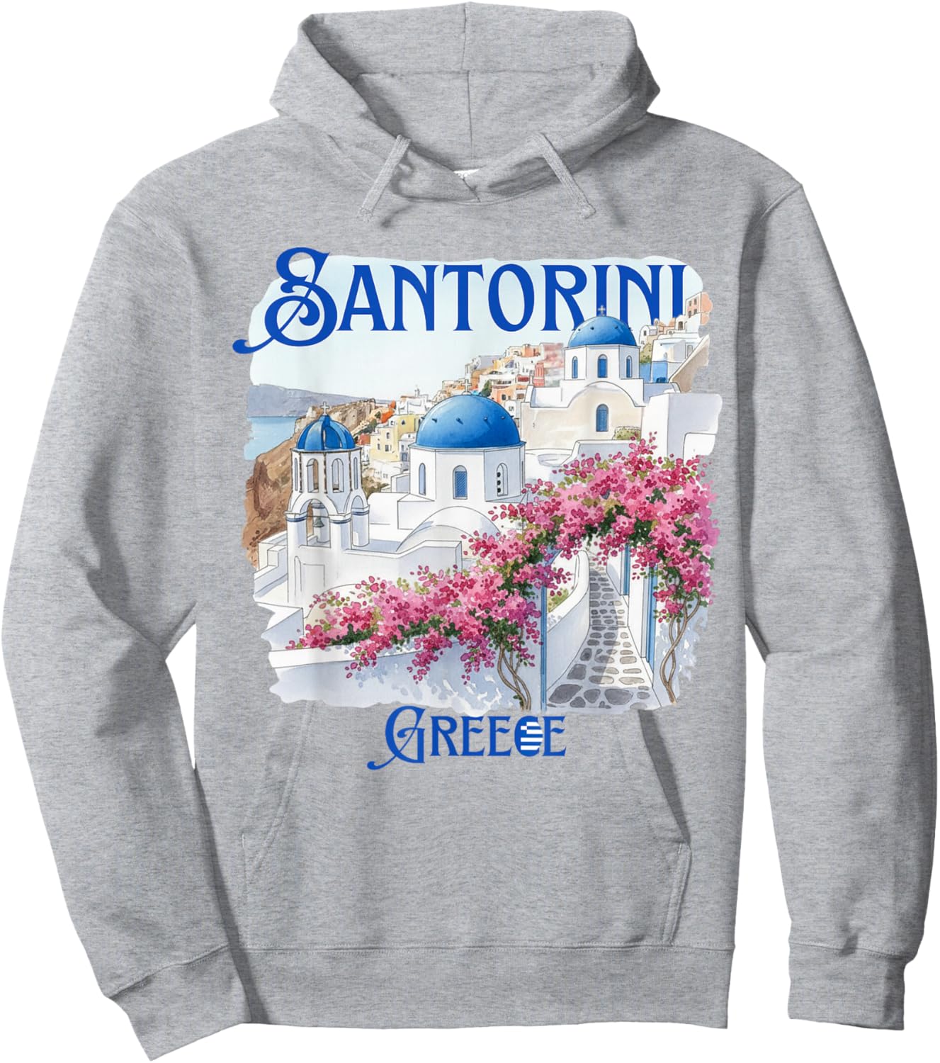 Santorini Greece Blue Domes Pink Flowers Souvenir Hoodie - Hoodie | Ash