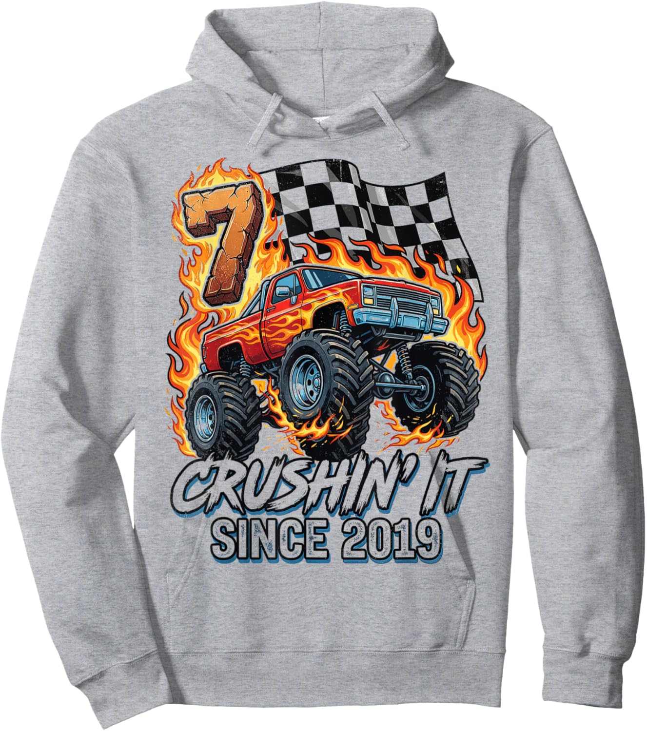 Birthday Monster Truck 7 Year Old Boys 7th Party Born 2019 Hoodie - Hoodie | Ash