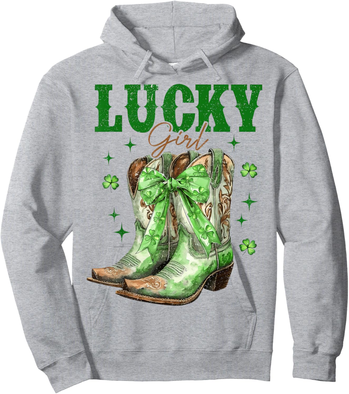 St Patrick's Day Cowboy Boots Green Shamrock Bow Lucky Girl Hoodie - Hoodie | Ash