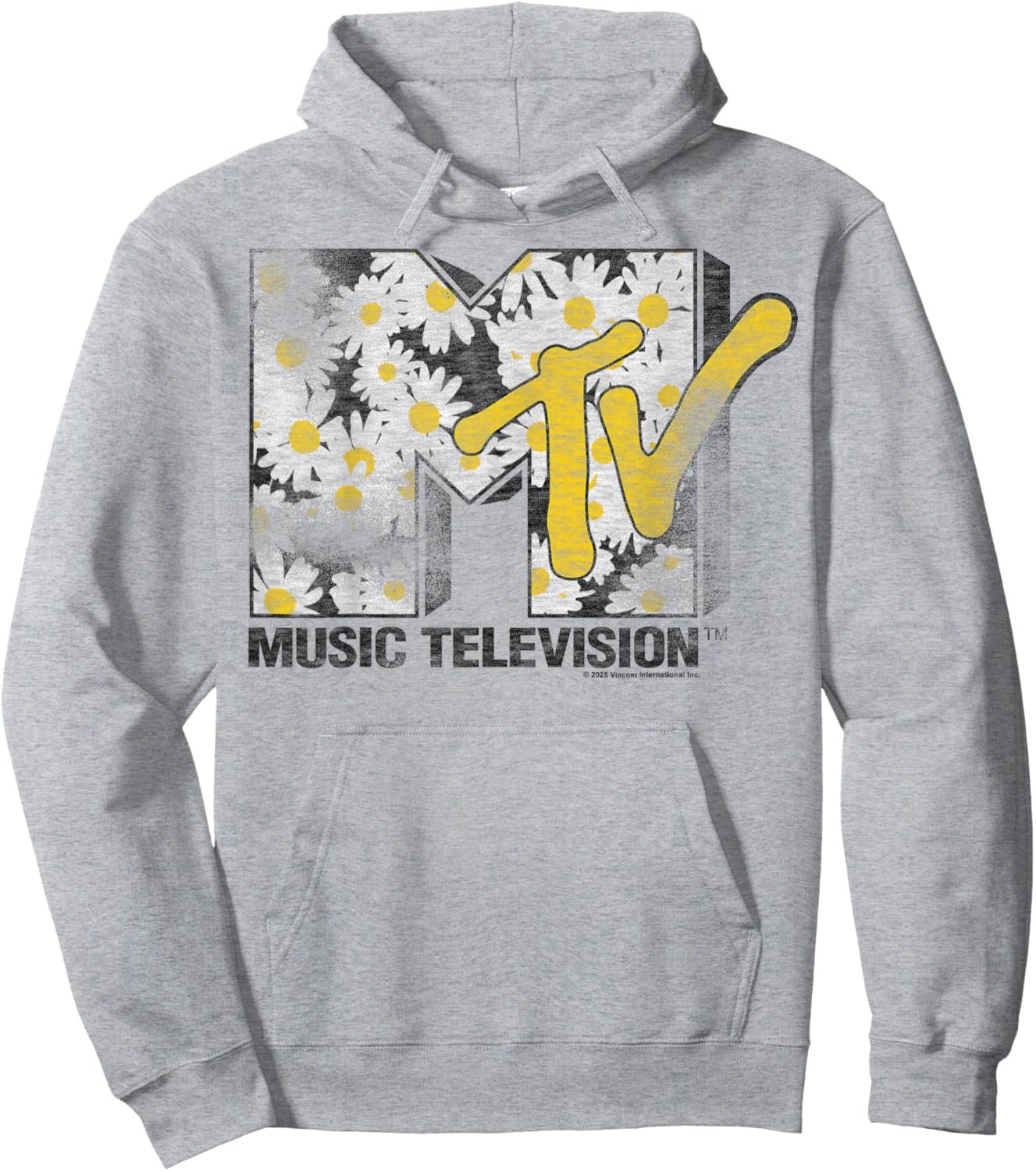 MTV Classic Distressed Logo Filled with Daisy Pattern Hoodie - Hoodie | Ash