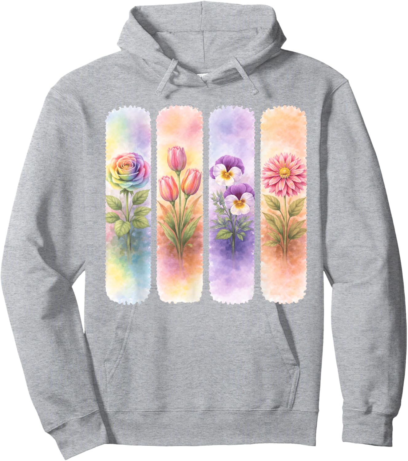 Watercolor Rainbow Rose Tulip Pansy Dahlia Blooms Hoodie - Hoodie | Ash