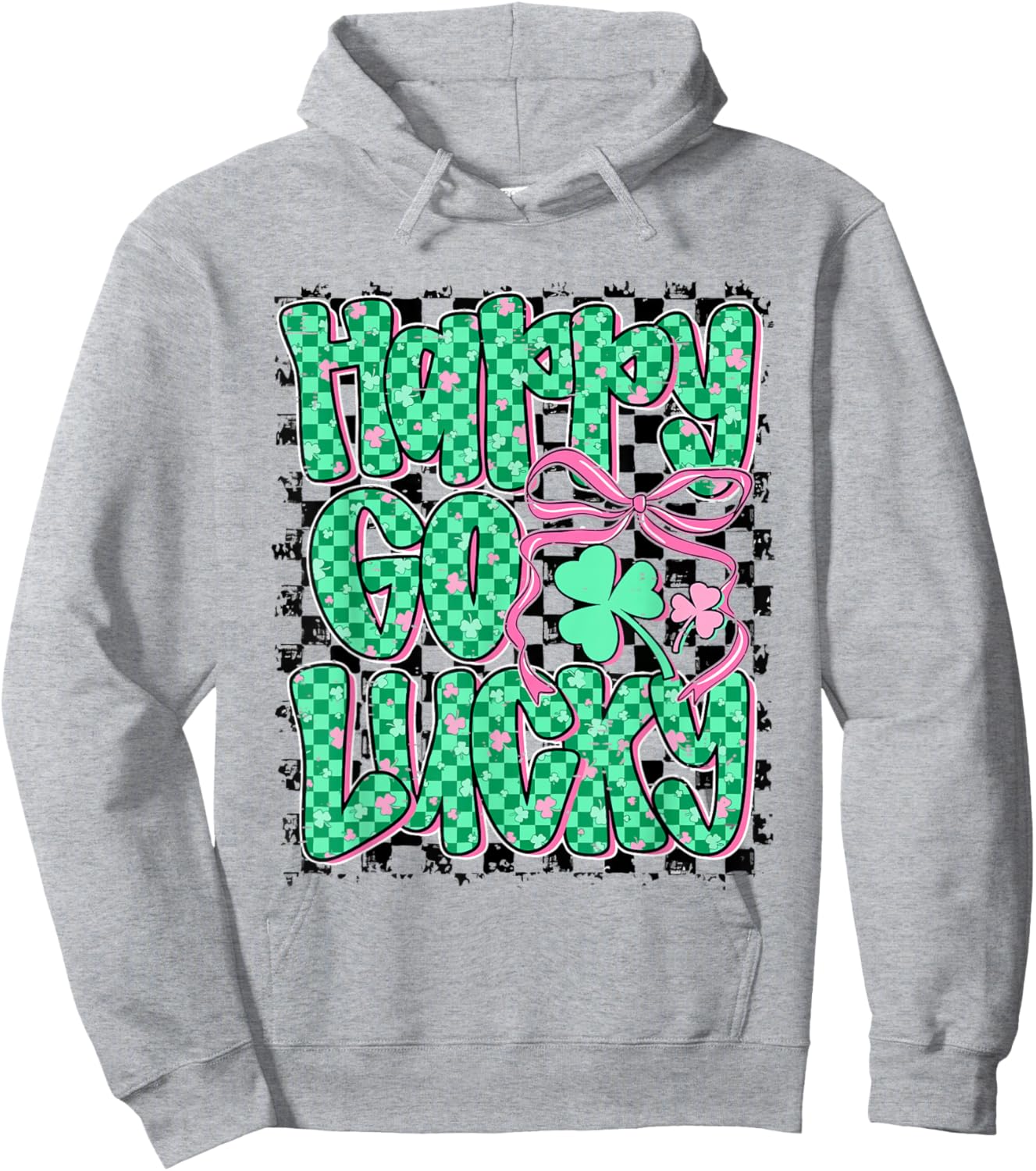 Retro Checkered Happy Go Lucky Shamrock Cute St Patricks Day Hoodie - Hoodie | Ash