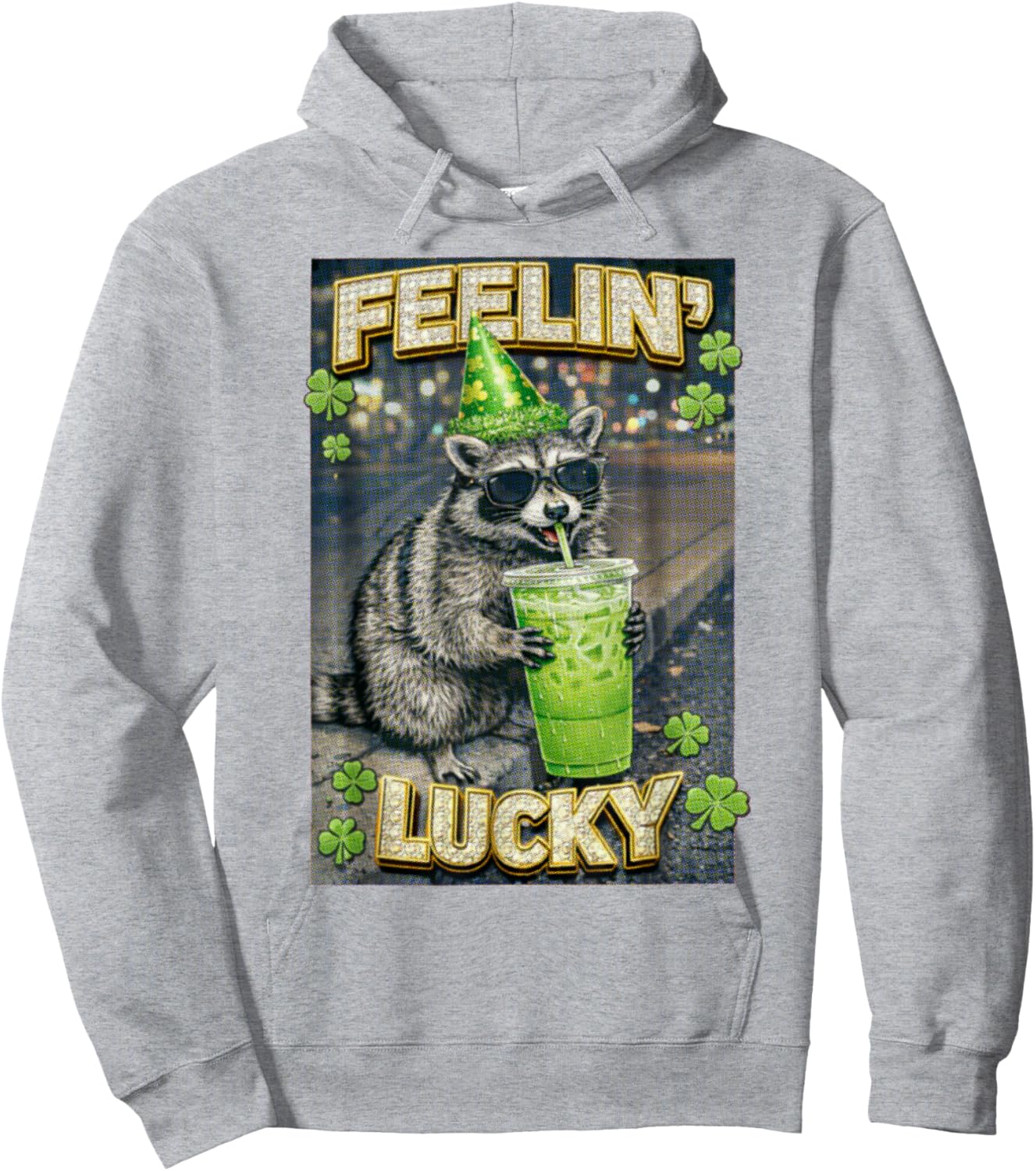 St Patricks Feeling Lucky Funny Racoon Coffee Lover Party Hoodie - Hoodie | Ash
