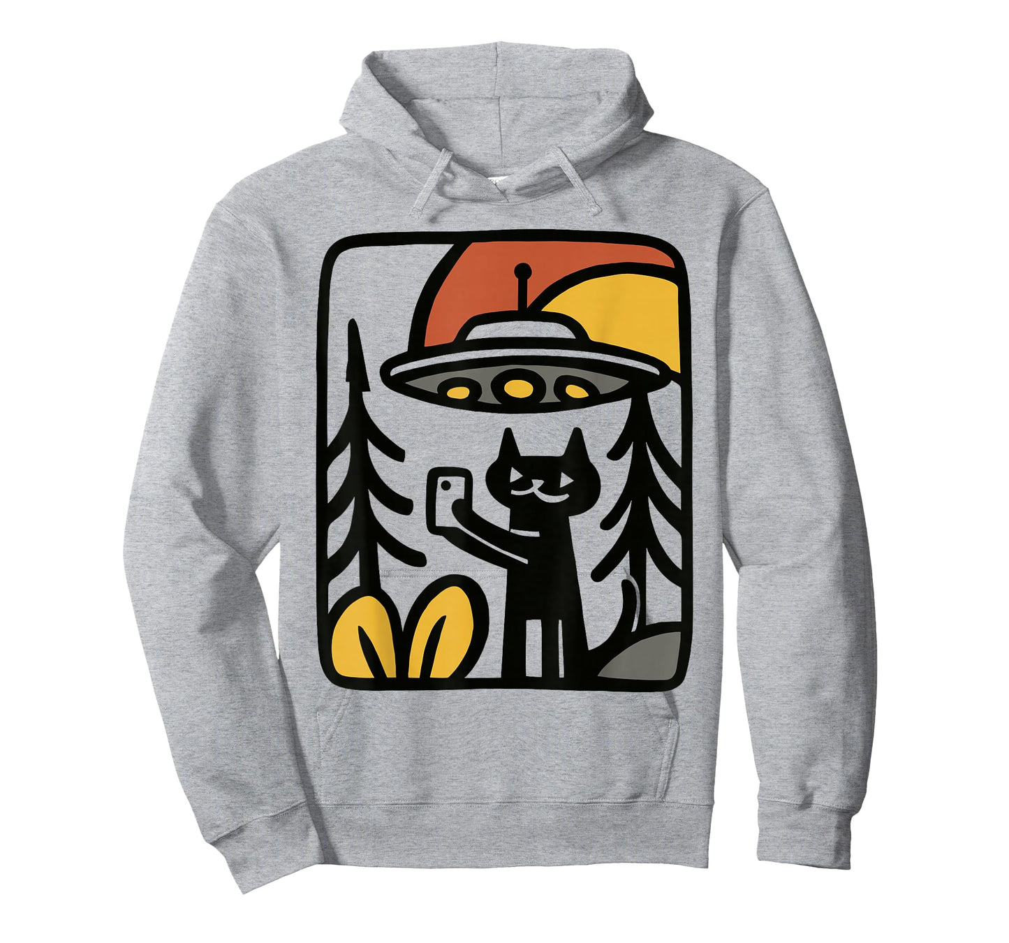 Black Cat UFO Selfie – Funny Alien Forest Art Illustration T-Shirt