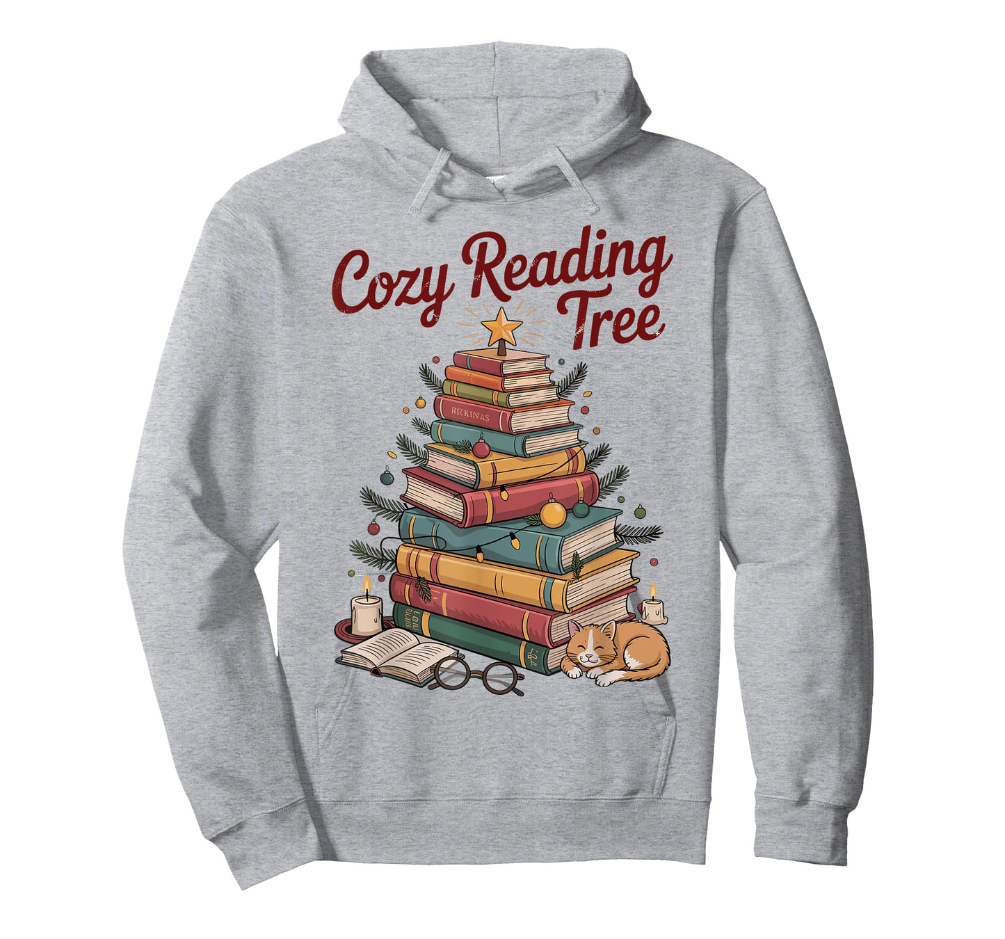 Cozy Christmas Reading Tree Cat Candle Stack Bookish Funny T-Shirt
