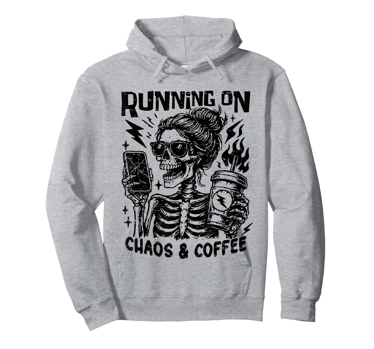 Retro Running on Chaos and Coffee Skeleton Halloween Mom T-Shirt