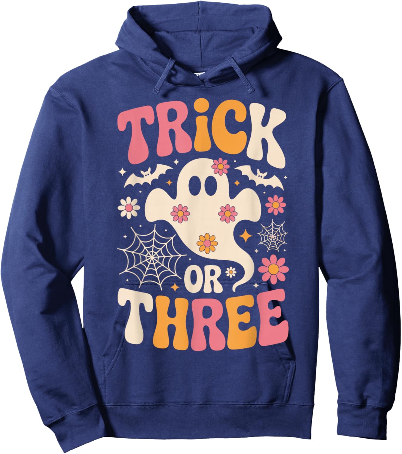 Trick Or Three 3 Years Old Birthday Groovy Ghost Halloween Hoodie - Hoodie | Navy