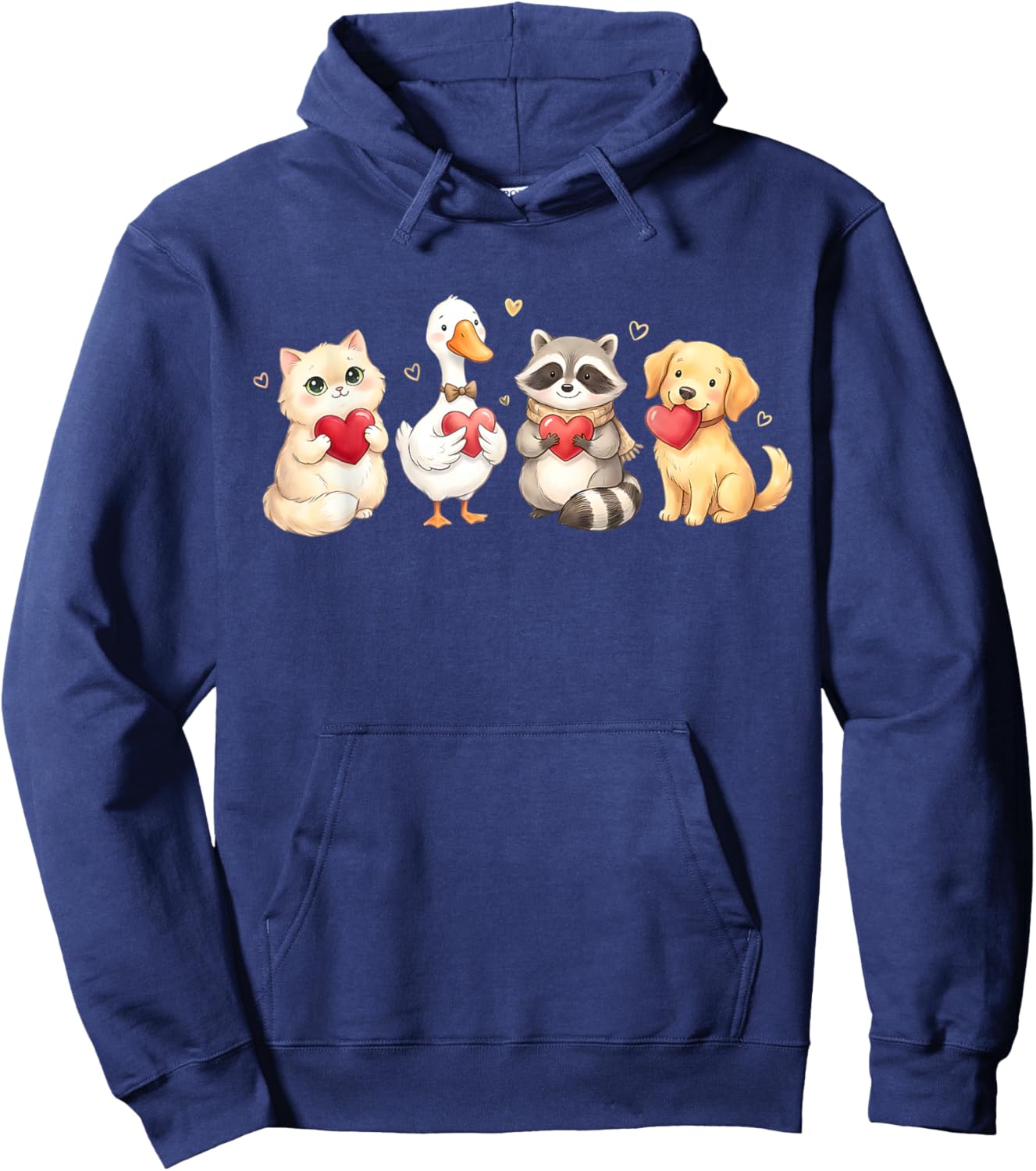 Cute Cat Dog Raccoon Goose Holding Hearts Valentine Lovers Hoodie - Hoodie | Navy