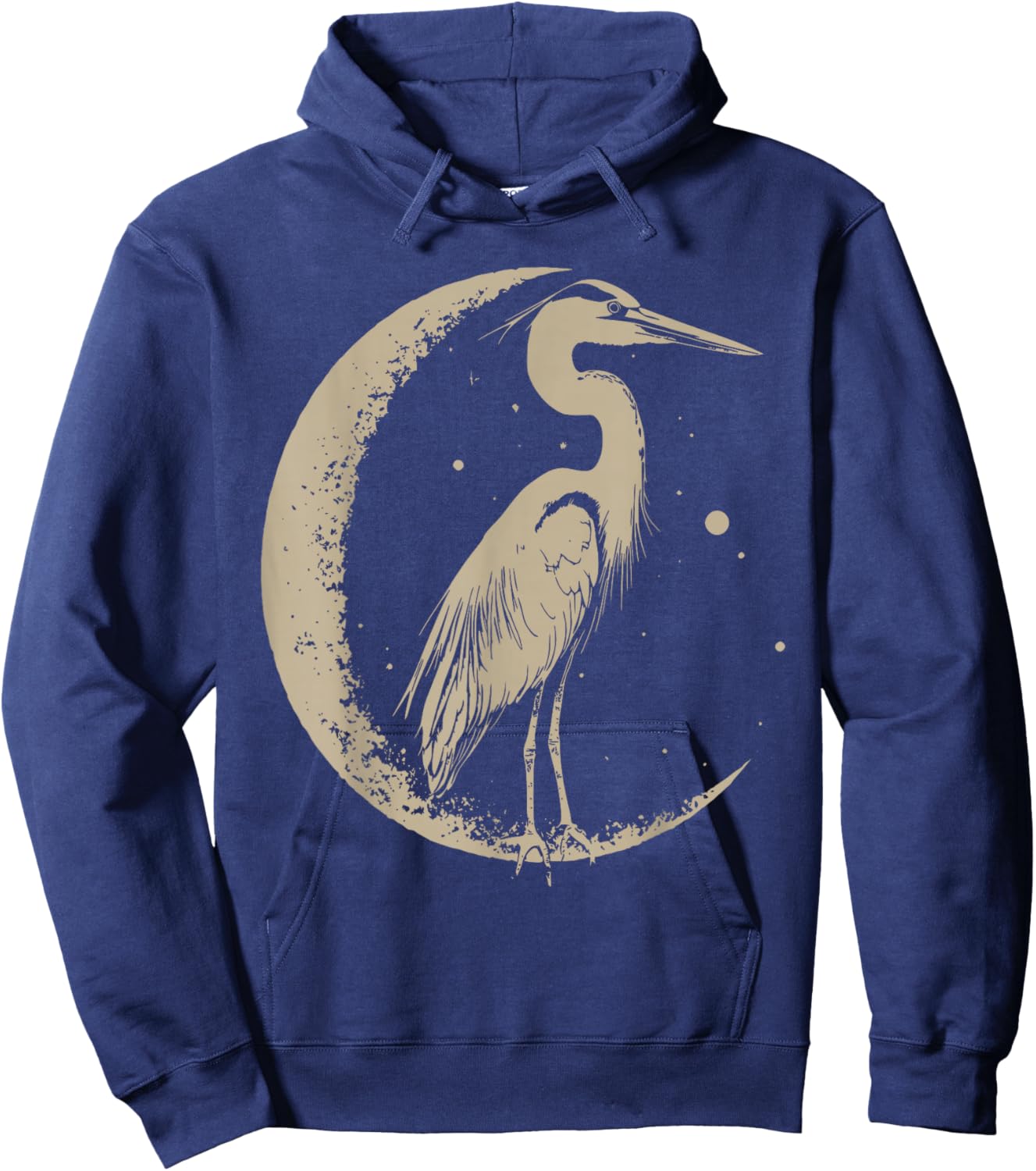 Blue Heron Bird Linocut Folk Art with Moon Crescent Birding Hoodie - Hoodie | Navy