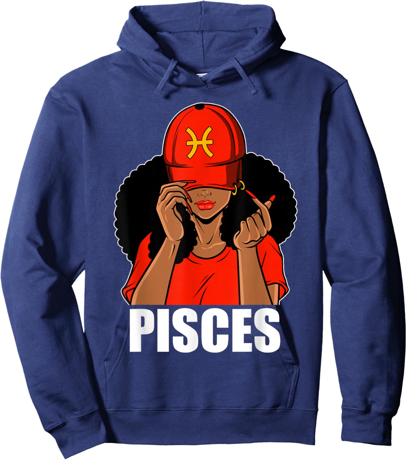 Pisces Black Girl Red Cap Afro Woman Black Queen Hoodie - Hoodie | Navy