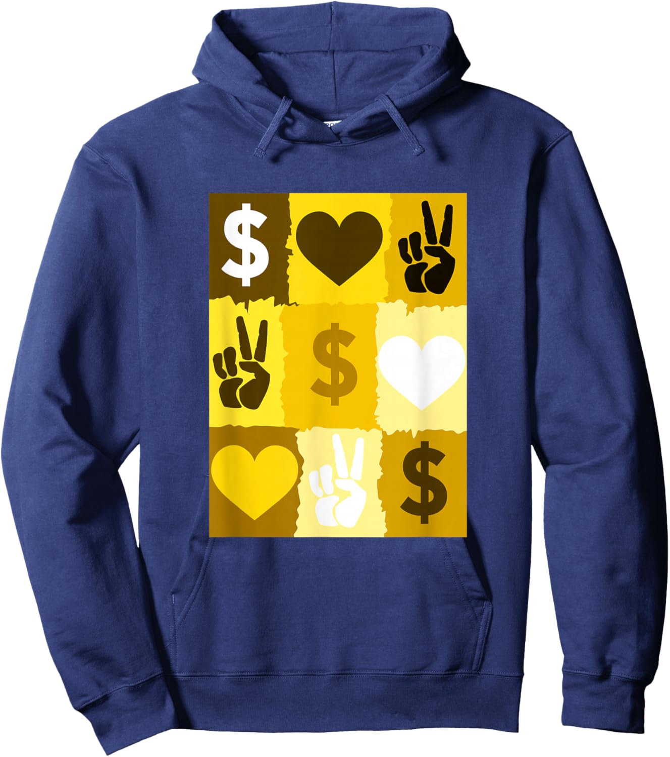 University Varsity-Gold Color Peace Love Money Grid Yellow Hoodie - Hoodie | Navy