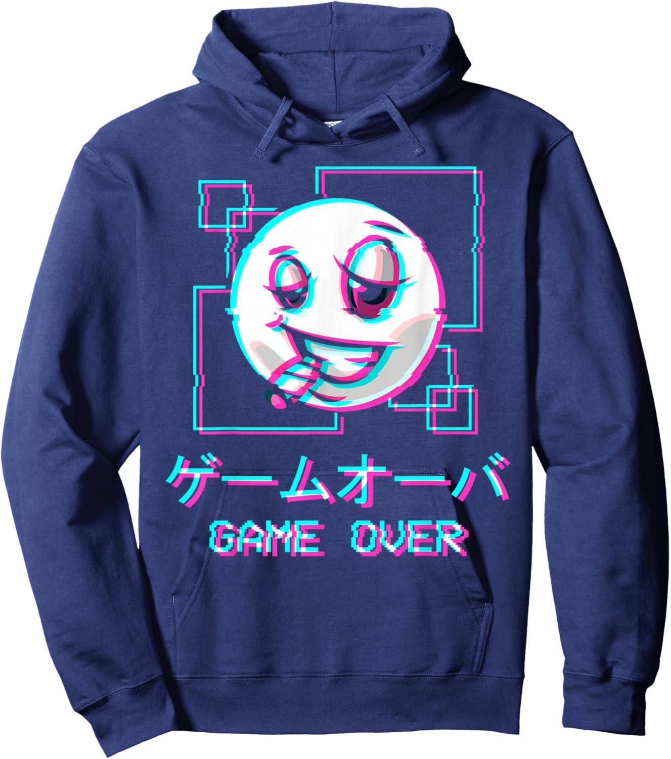 Vaporwave Aesthetic Happy Face Japanese Game Over Harajuku Hoodie - Hoodie | Navy