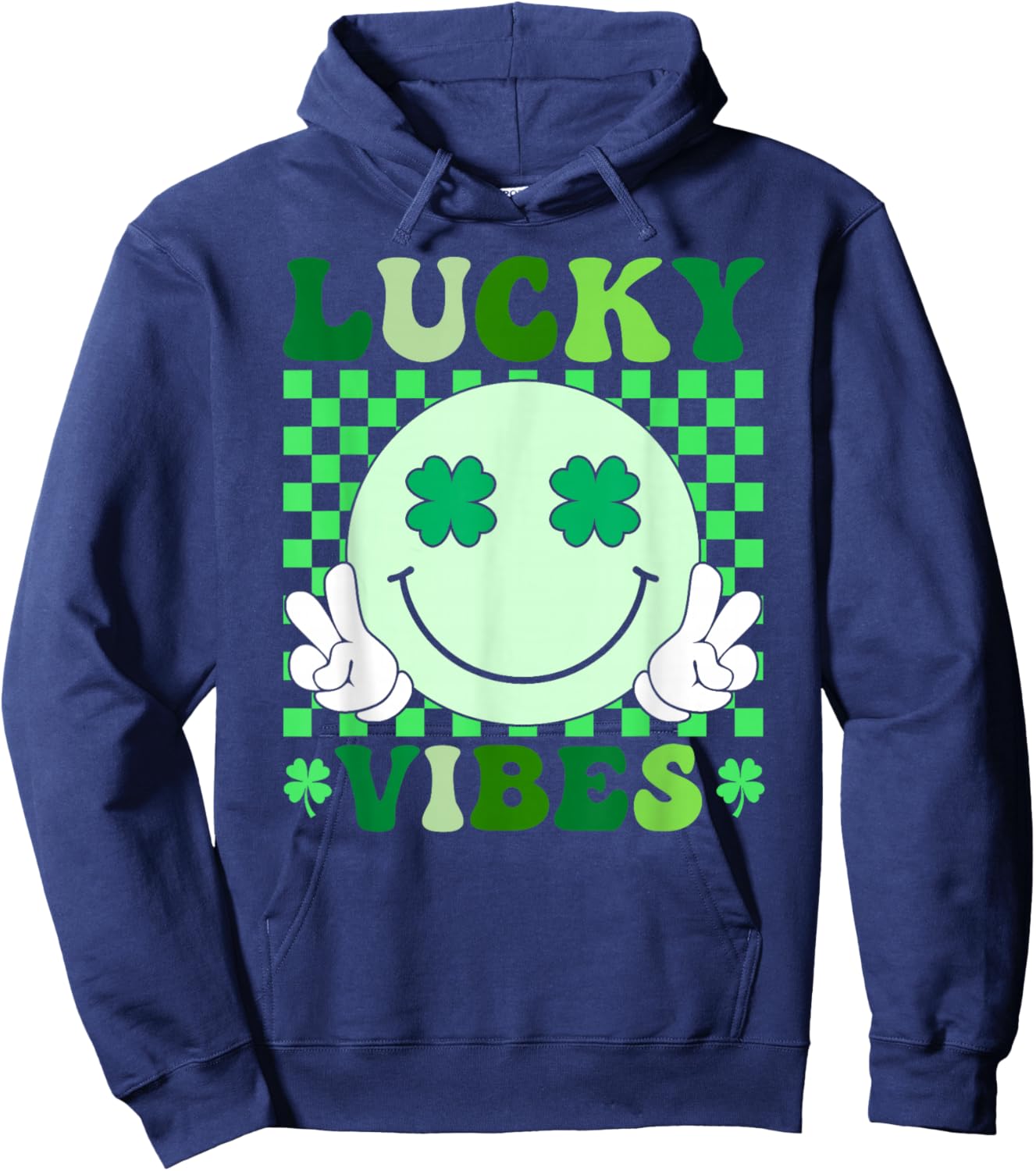 Groovy Lucky Vibes St Patricks Day Retro Smile Face Shamrock Hoodie - Hoodie | Navy