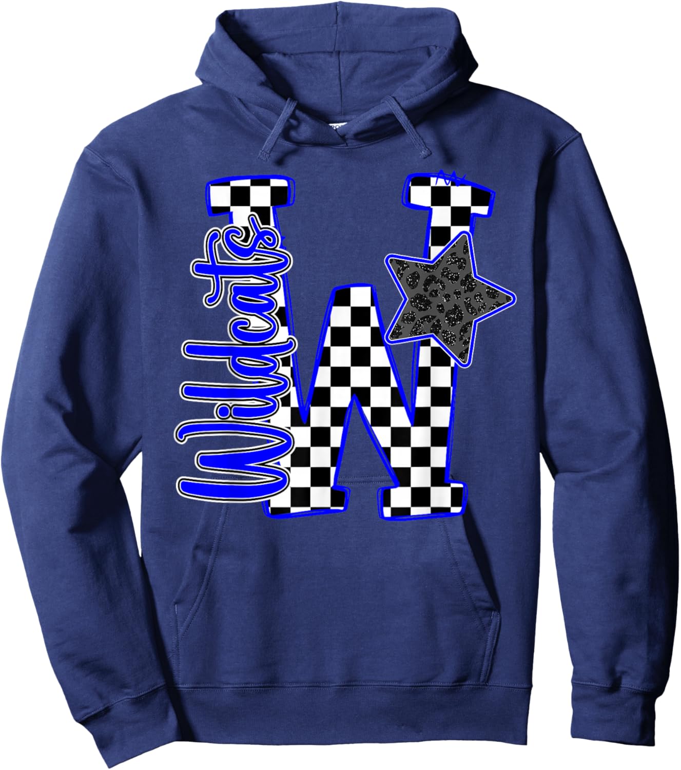 Blue Wildcats Checkered Print Star Leopard School Spirit Hoodie - Hoodie | Navy