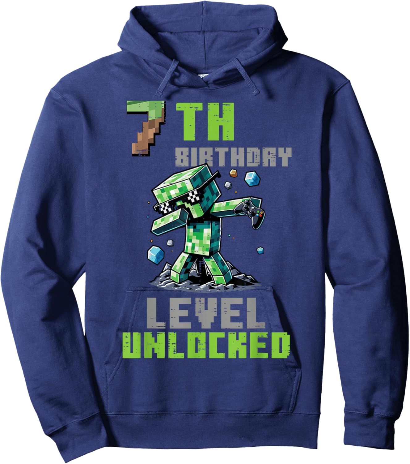 7th Birthday Level Unlocked Pixel Dab 7 Bday Gamer Boys Kids Hoodie - Hoodie | Navy