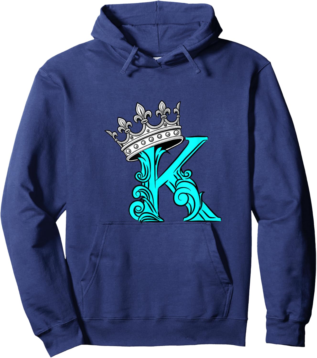 Turquoise Color Letter K Initial + Crown Turquoise Graphic Hoodie - Hoodie | Navy