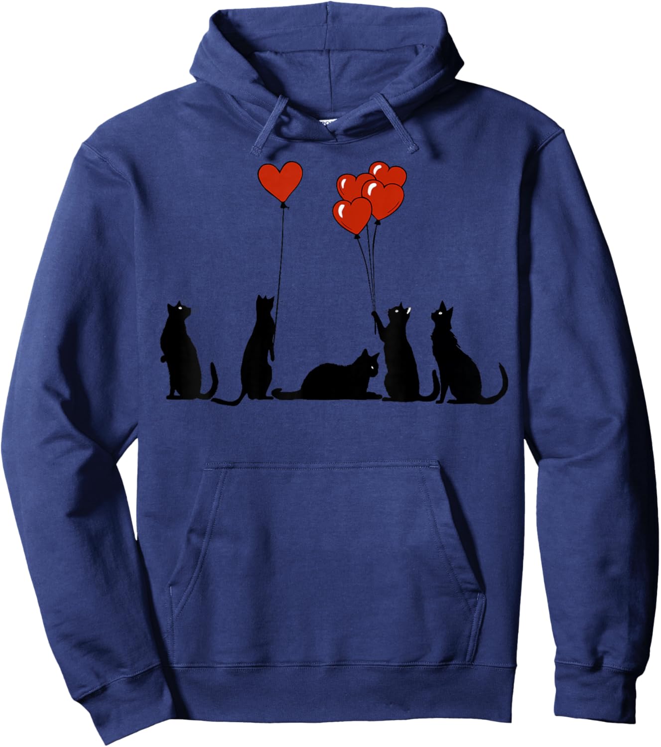 Funny Curious Black Cat Hearts Balloons Valentine's Lazy Cat Hoodie - Hoodie | Navy
