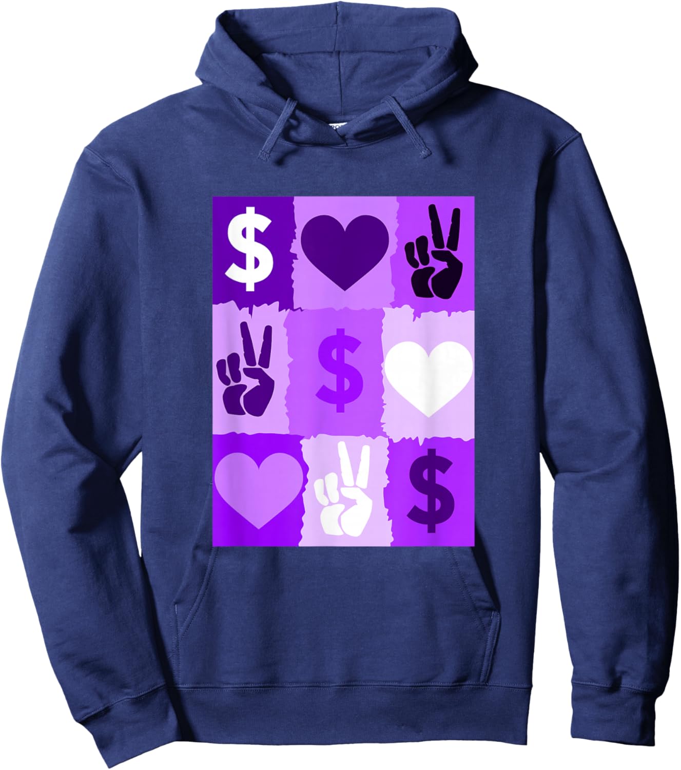 Purple Color Peace Love Money Grid Purple Graphic Hoodie - Hoodie | Navy