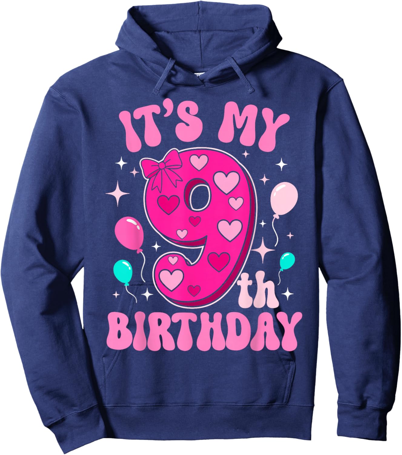 9 Year Old Pink Coquette Bow It's My 9th Birthday Girl Hoodie - Hoodie | Navy