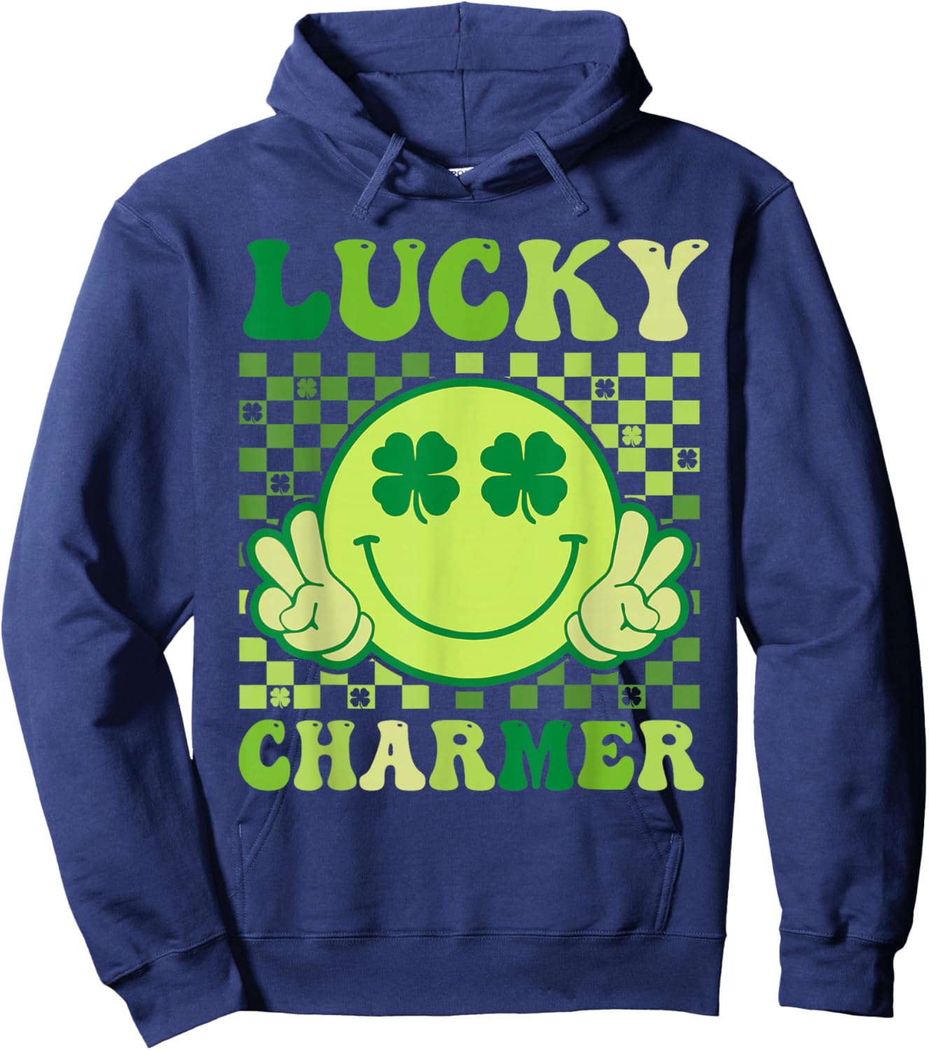 Lucky Charmer Retro Smile Face Shamrock St Patricks Day Hoodie - Hoodie | Navy