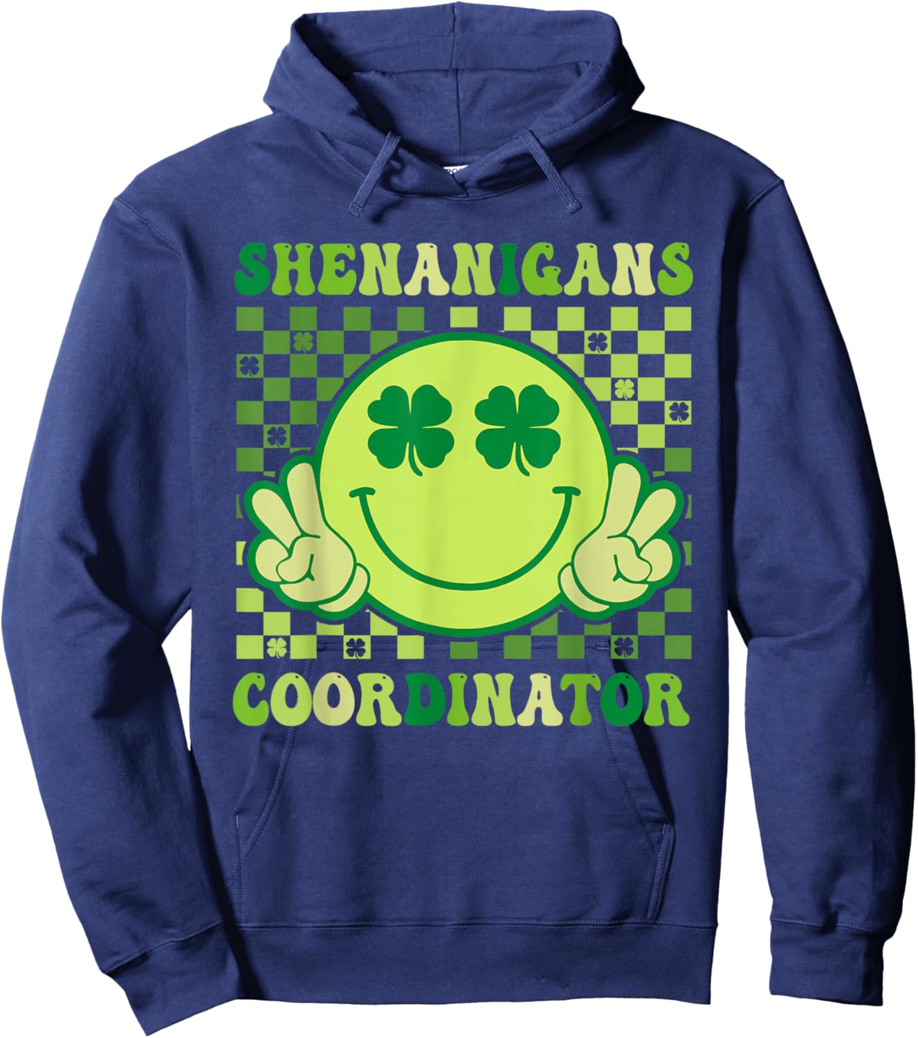Shenanigans Coordinator Retro Smile Shamrock St Patricks Day Hoodie - Hoodie | Navy