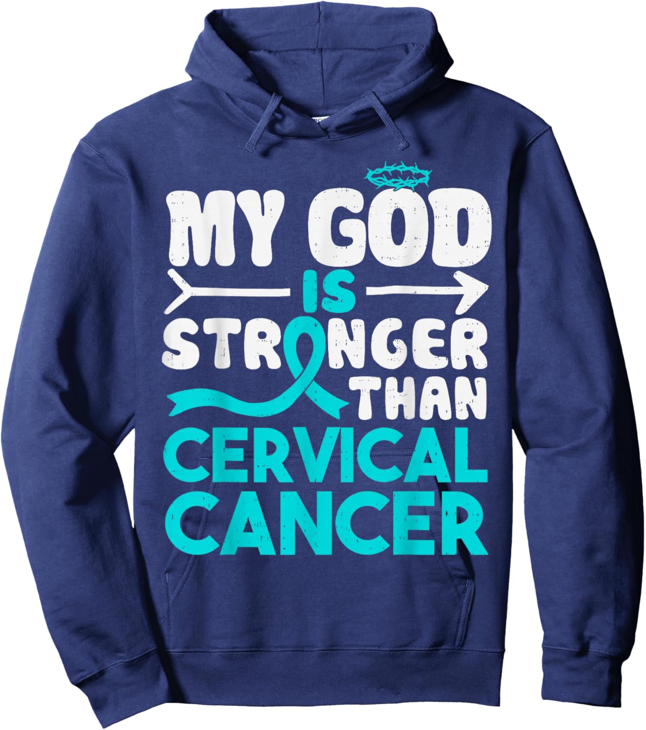 God Stronger Cervical Cancer Awareness Christian Ribbon Teal Hoodie - Hoodie | Navy