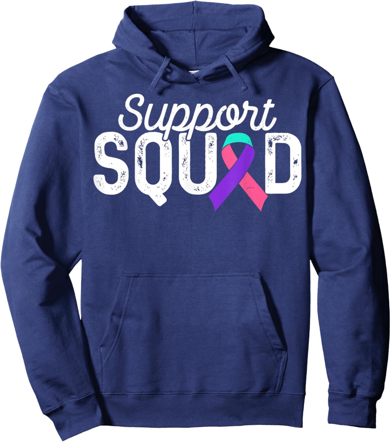 Teal Pink Blue Ribbon Support Squad Thyroid Cancer Awareness Hoodie - Hoodie | Navy