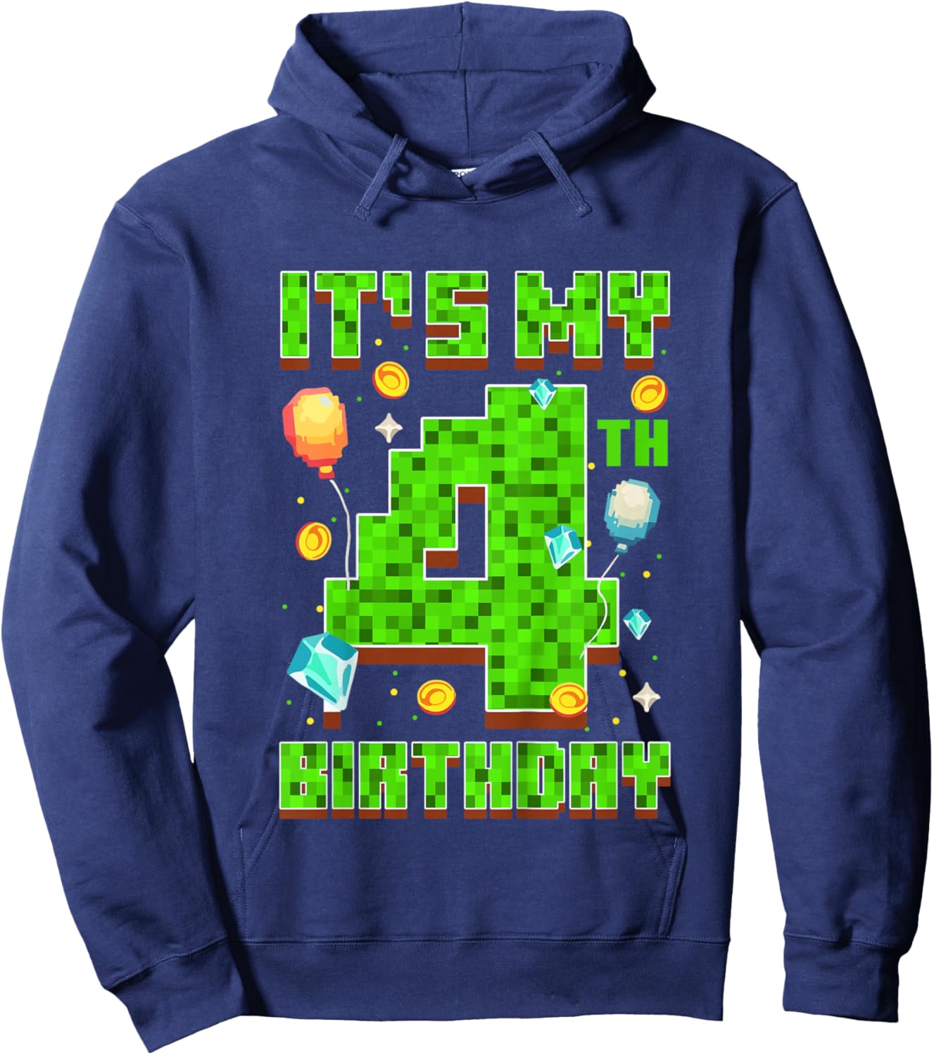 Kids It's My 4th Birthday Boy 4 Year Old Video Gamer Pixel Hoodie - Hoodie | Navy