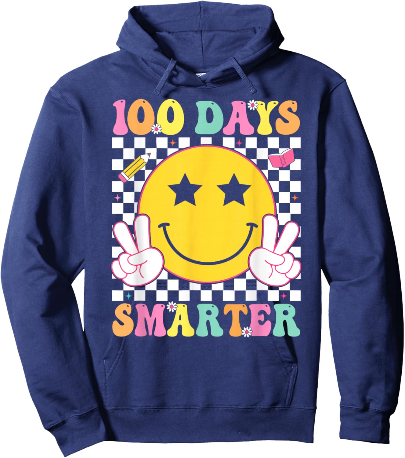 100 Days Smarter Retro Smile Face Teacher Kids 100th Day Hoodie - Hoodie | Navy